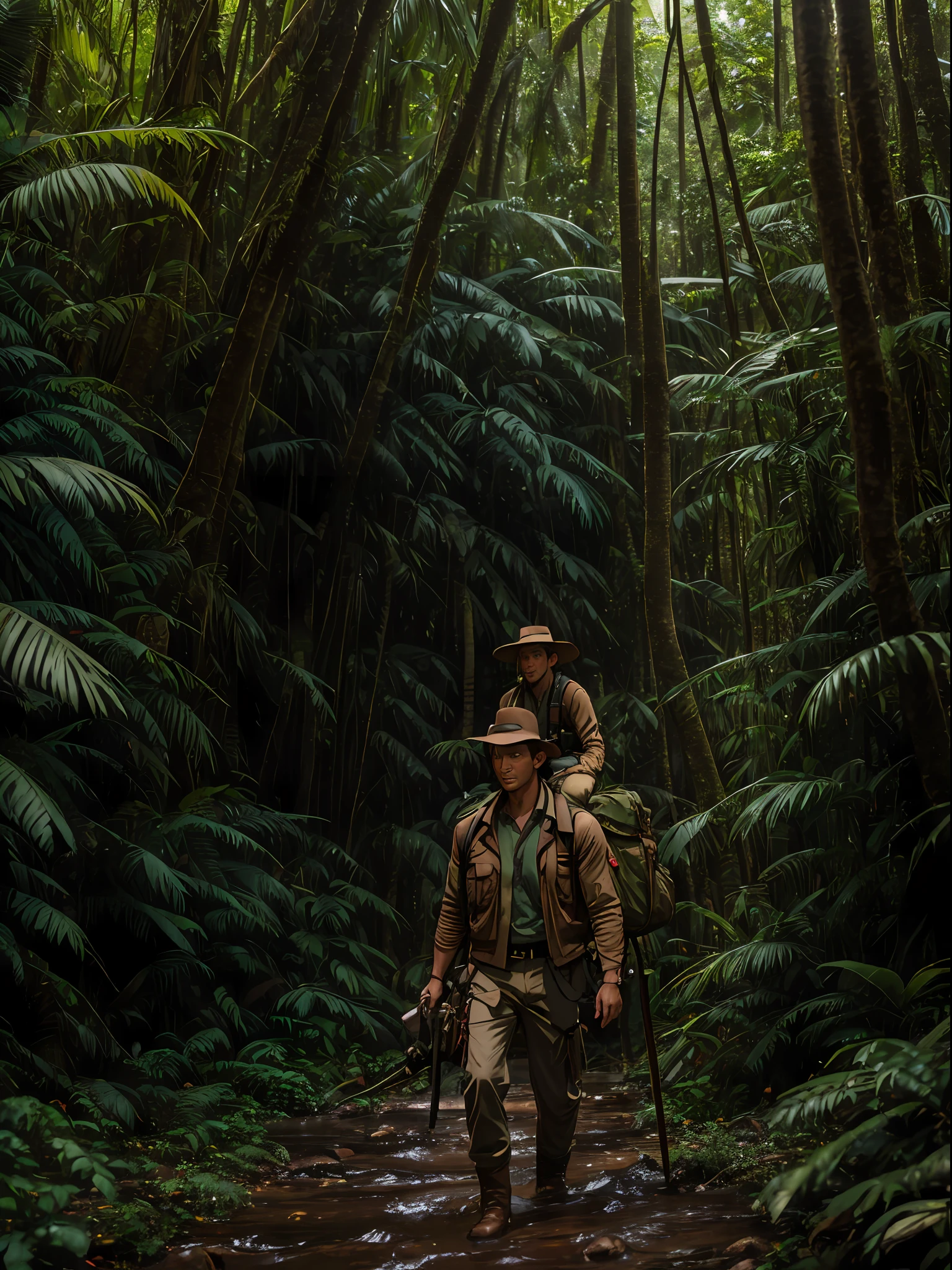 color photo of: an epic close-up shot of an adventurer in the jungle, with lush greenery, an oasis, and massive, damp trees, exploring the forest.
brown leather jacket, beige cargo pants, brown hiking boots, beige hat, backpack, machete, jungle background, determined and adventurous expression, Sony A7R IV camera, Fujifilm Pro 400H film, 50mm lens, natural lighting, David Attenborough, Jimmy Chin, Bear Grylls, Indiana Jones, Lara Croft --auto