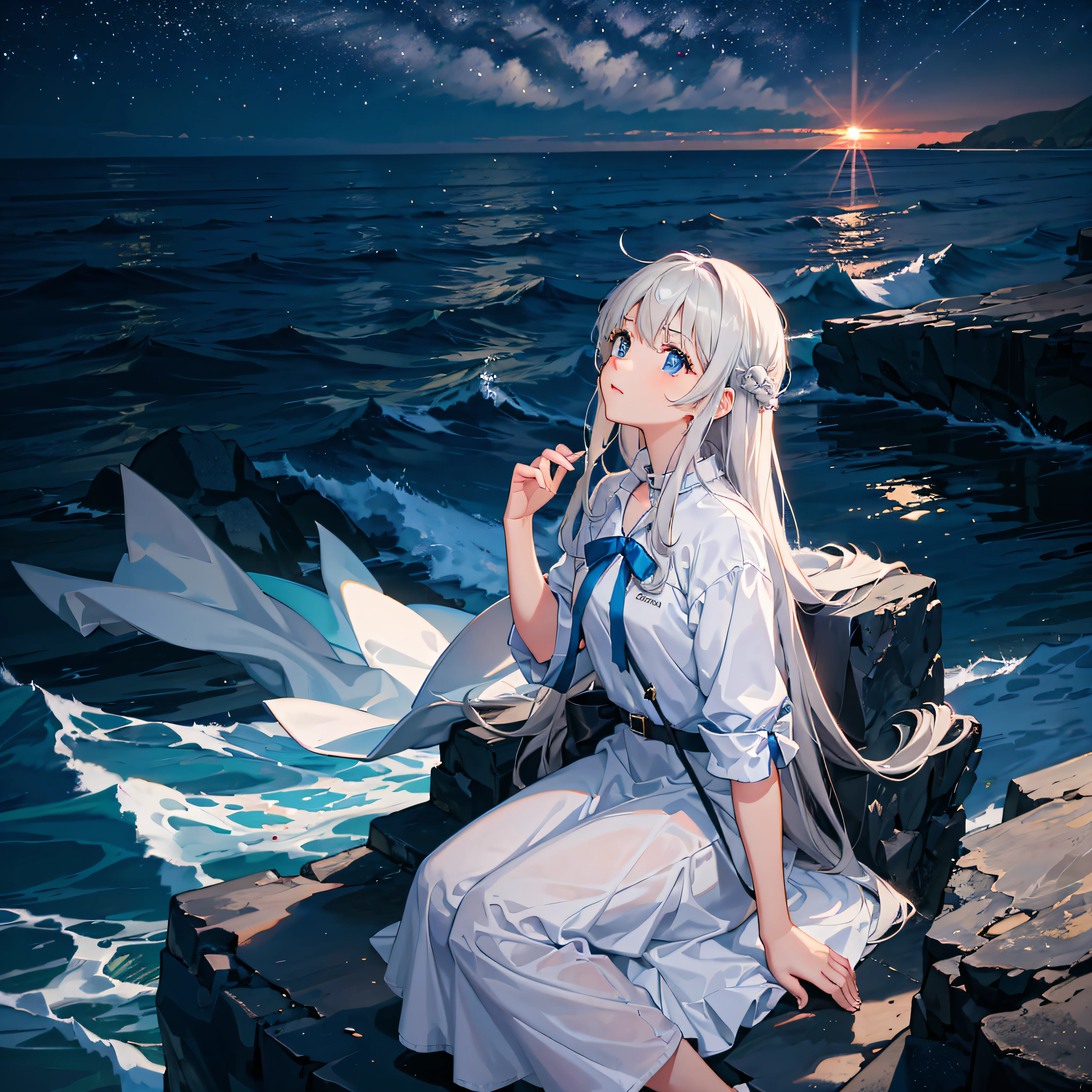 A girl looks up at the bright starry sky over the sea，The setting sun is faintly visible --auto