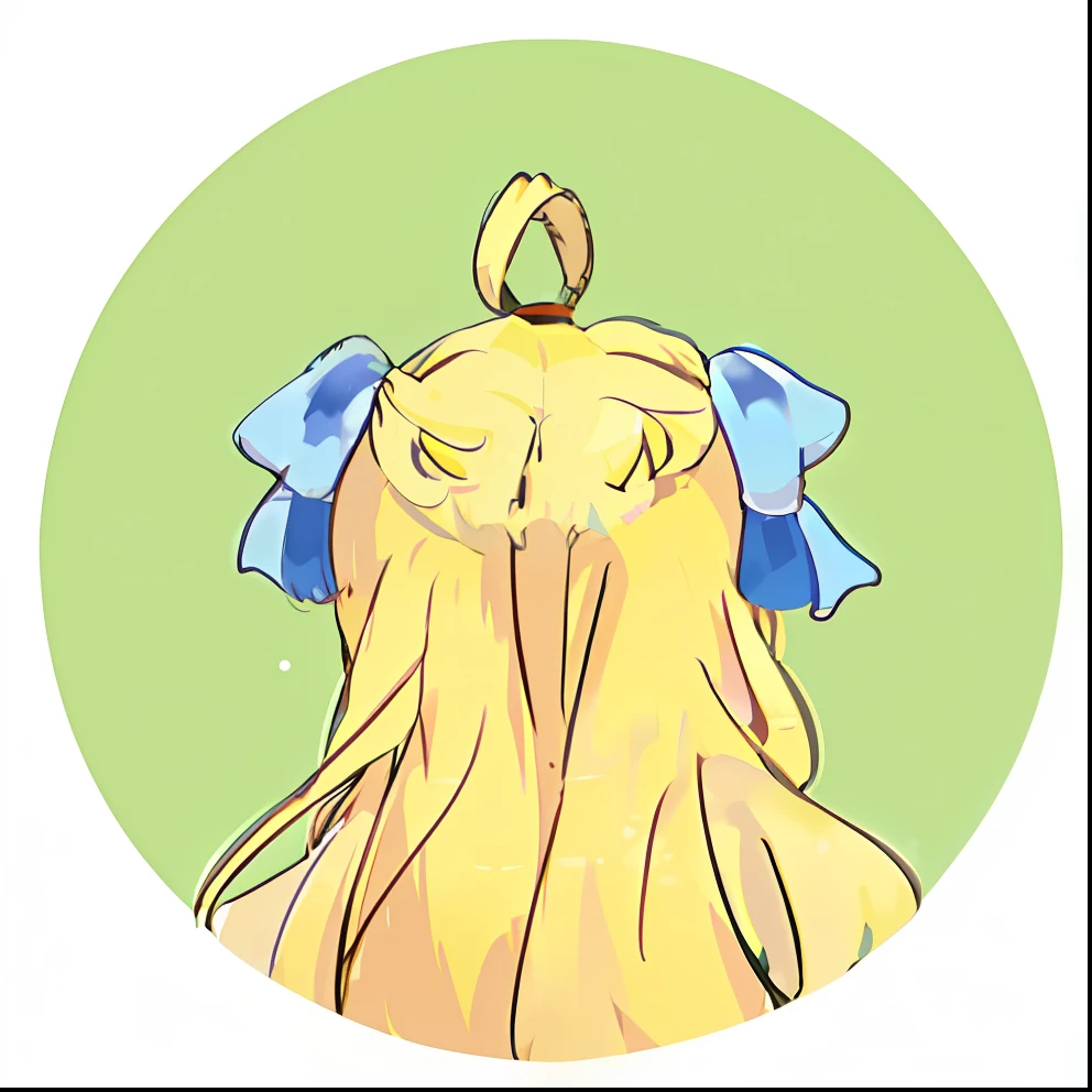 Close-up of a bell with a bow, double tails, her hair is in a pony tail, ribbon in her hair, Blonde anime girl with long hair, Long yellow hair, she has two ponytails, With a ponytail, rei hiroe, Anime girl with long hair, long hair girl, Yellow hair, in a cloak with long hairs