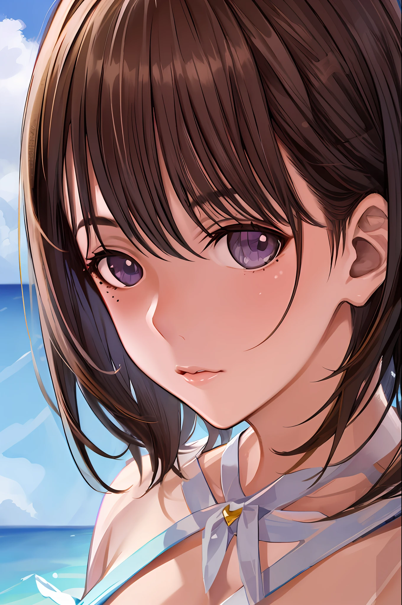 ((masterpiece)), ((best quality)), (ultra-detailed), ((extremely detailed)), 4K, (8K), best quality, (beautiful), focus on the face0, a cute girl, 1girl, solo, ((beautiful eyes))0, blush, best quality, highness, 1girl, middle hair, large breasts, bangs, purple eyes, brown hair, glasses, frilled bikini, white bikini, ((beautiful sea)), beach,