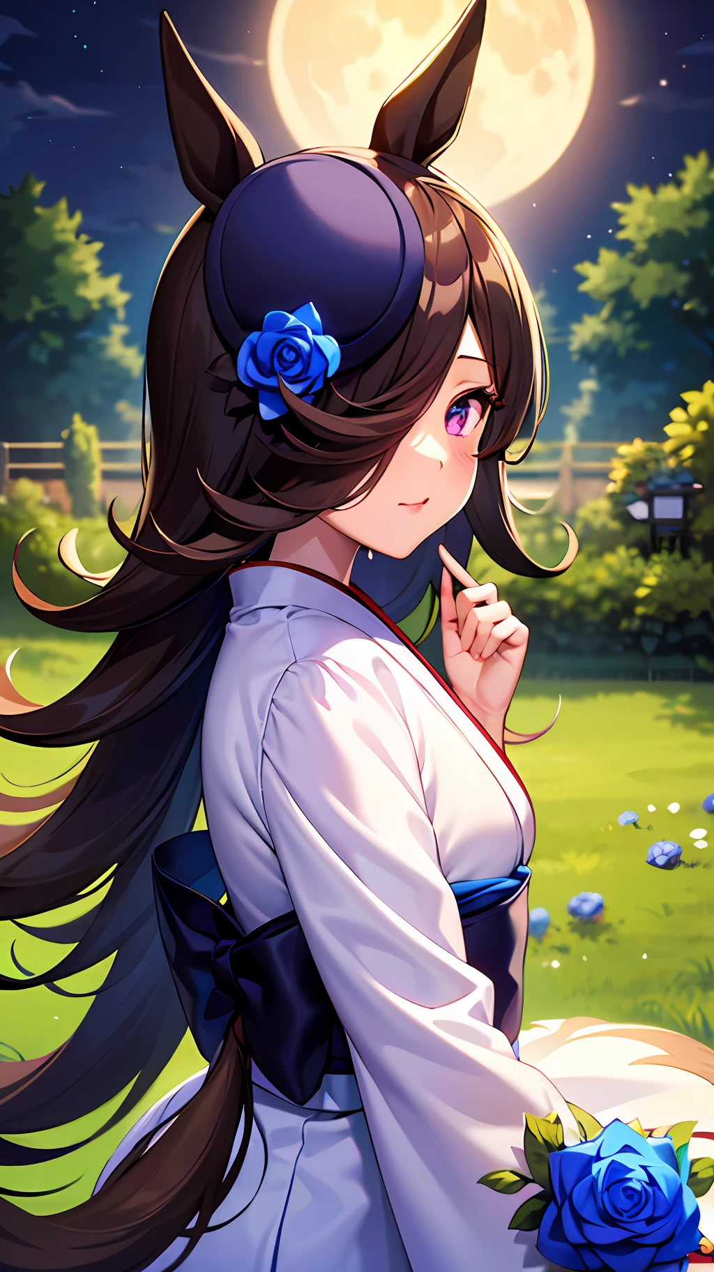 Japan girl princess in white kimono in garden, 1girl in, RiceShower (Umamusume), Solo, Horse tail, Horse ears, Animal ears, tail, Komono, Hair over one eye, flower, blue flower, Long hair, Kimono, Horse Girl, Purple eyes, Blue Rose, Moon, Outdoors, Looking at Viewer, blush, Night, Rose,