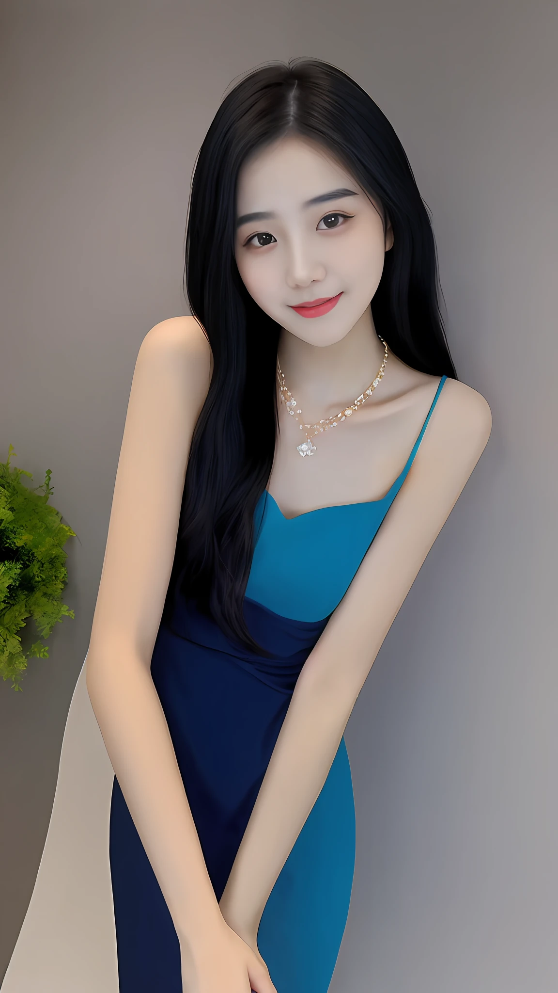 26-year-old beauty,There is an extraordinary and exquisite real person,Extremely delicate, and facial features are straight,Peerless beautiful girl,(Long straight black hair)Bare collarbones,Royal sister temperament type,Perfect sexy,((Gradient color)Banquet Dress))。A sweet smile,softness,dreamlike quality,Exaggerated facial features,solidcolor,Frank off-white,hyper realisitc,Blue gemstone necklace,ultraclear,Beautiful young girl,Cute and lively,streetview,The girl stands。Greening of flowers and plants