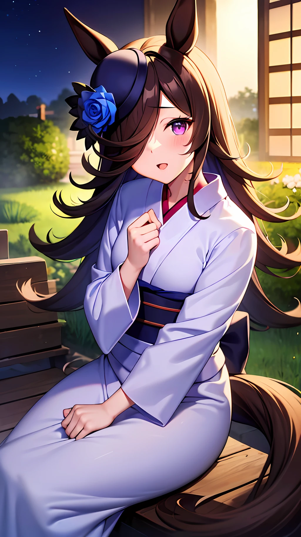 Japan girl princess in white kimono in garden, 1girl in, RiceShower (Umamusume), Solo, Horse tail, Horse ears, Animal ears, tail, Komono, Hair over one eye, flower, blue flower, Long hair, Kimono, Horse Girl, Purple eyes, Blue Rose, Moon, Outdoors, Looking at Viewer, blush, Night, Rose,