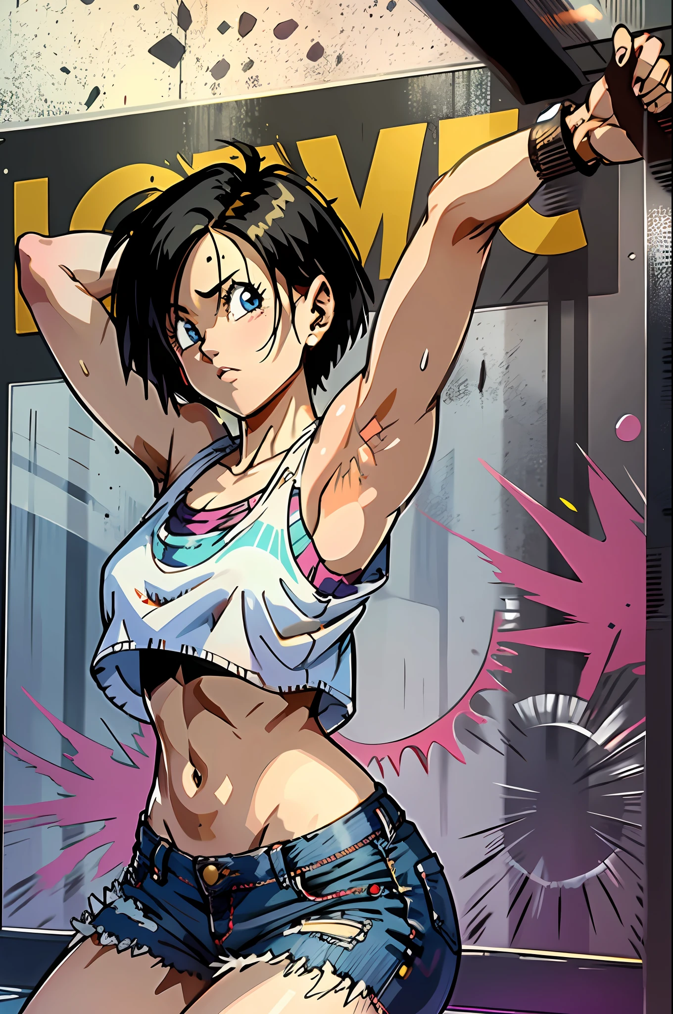 Videl, muito sensual, com roupas de funkeira, brasileira, rio de janeiro, dancing funk, rebolando, bunda grande, pernas grossas, usando um short jeans extremamente curto, usando uma mini blusa, umbigo com pirsing, sneakers Nike, cabelo grande, Speaker behind, corpo inteiro, muito realista, extremamente sexy, 8k, 8k extremamente detalhado), (um extremamente delicado e bonito), (obra-prima), (melhor qualidade: 1.0), (ultra highres:1.0)