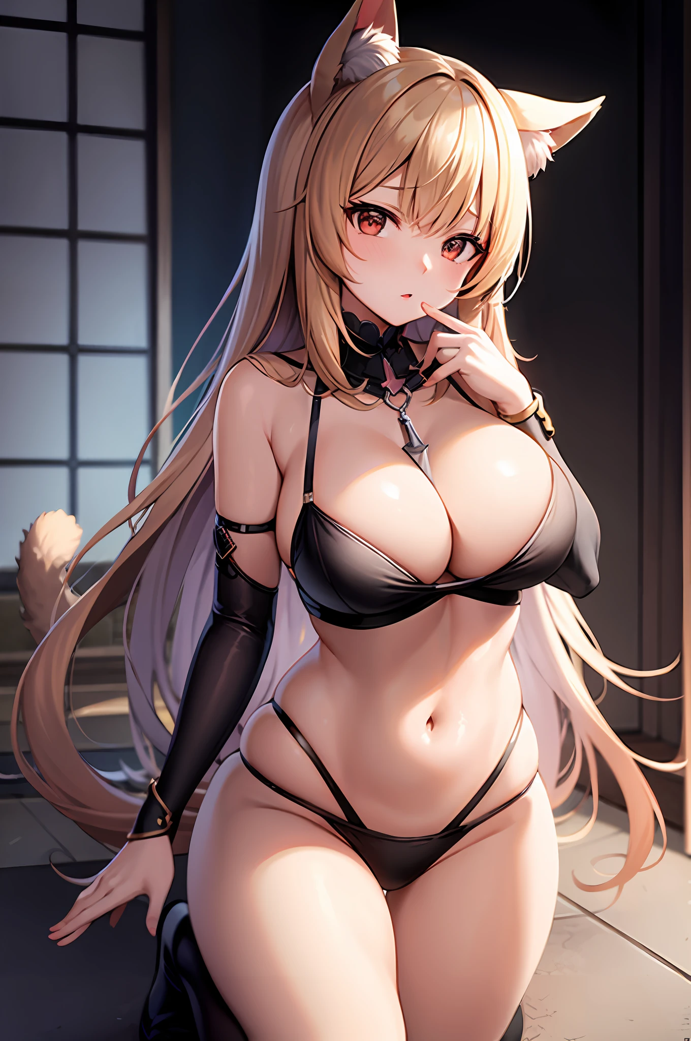 anime character with a cat ears and a cat tail, Fine details. Girl front, seductive anime girls, from girls frontline, A scene from the《azur lane》，azur lane style, Best anime 4k konachan wallpaper,, girls frontline style，The girl was half-kneeling and her ass was cocked，The chest is large and raised，Put your hand in your mouth，Expressive