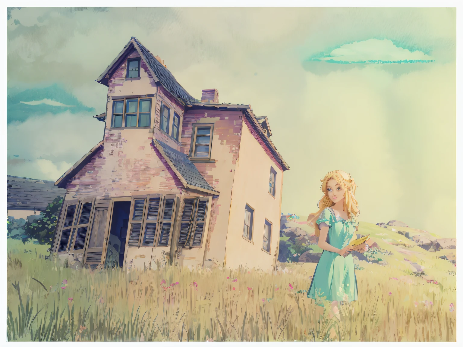 Painting a woman in a blue dress standing in front of a house, anime countryside landscape, gouache matte painting, storybook wide shot :: HD, storybook illustrations, Storybook illustration, Zelda, blurry and dreamy illustration, in an empty field, fundo de casa, colored sketch, storybook illustrations, matte illustration, amy sol in the style of, animated movie still