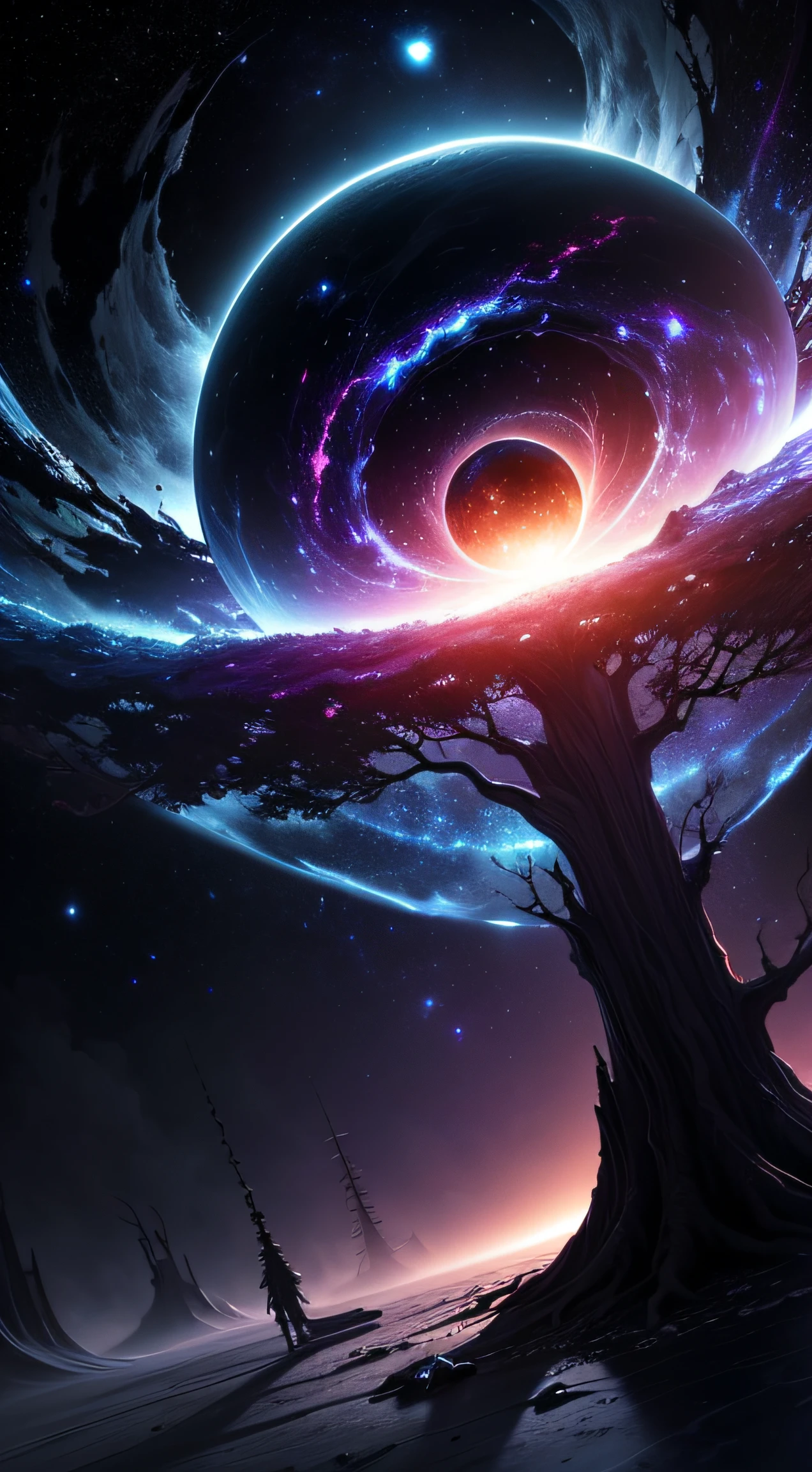 world tree，Star ring，the boundless universe，Endless galaxies，Dangerous black holes，Exploding supernova，Floating stellar nebula，Negative dark mode，eerie --auto