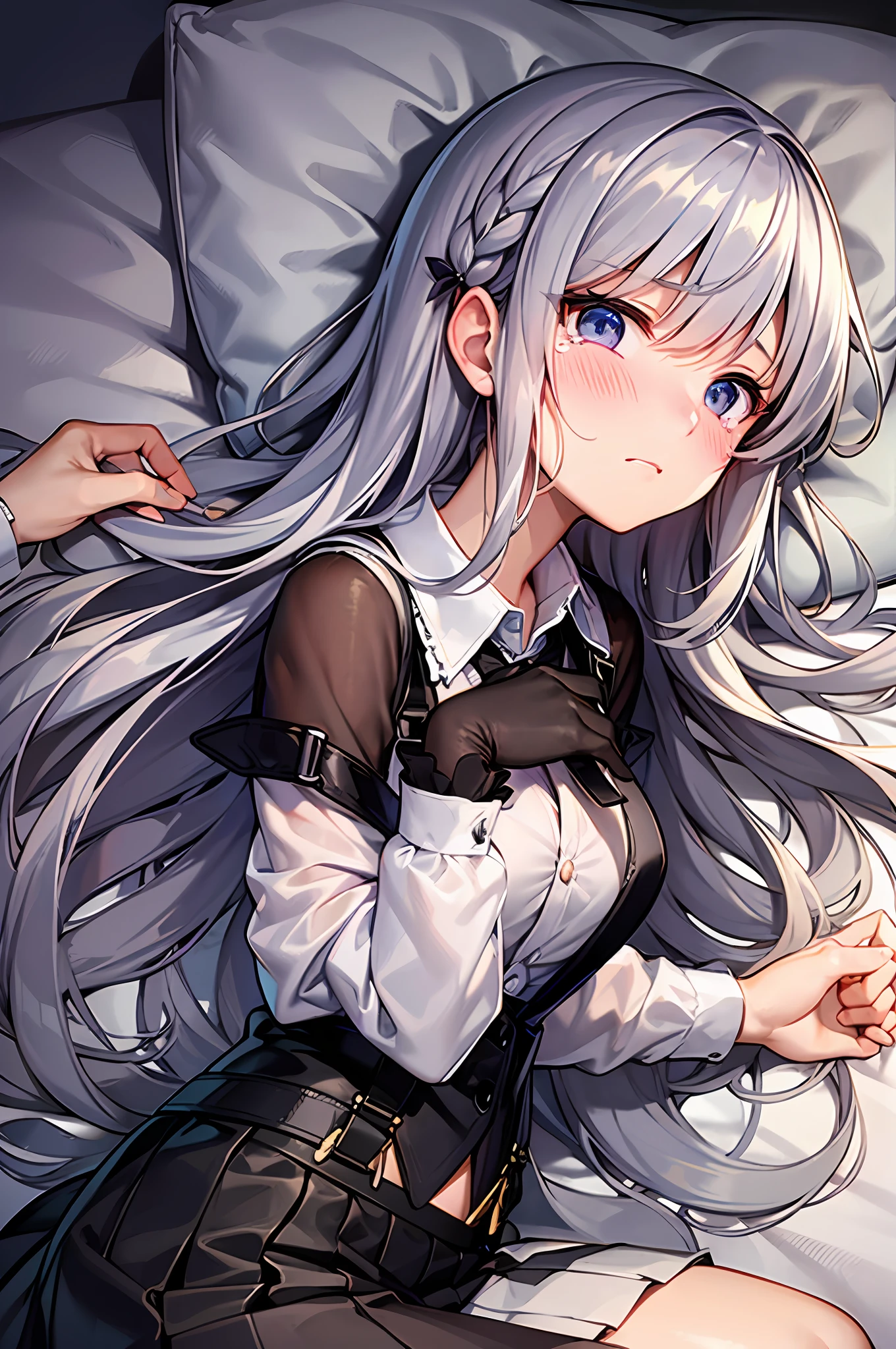 Best Quality, ultra-detailliert, very detailed illustration, silber hair, Aimei, embarrassed from,breastsout,((Suspender Skirt)),shed tears,a bed,laying on back,Black tie,