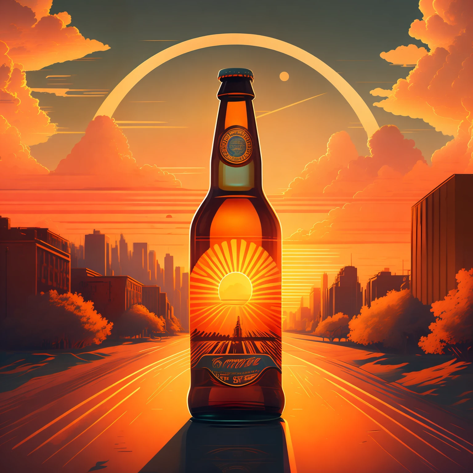City streets in summer landscapes, In the distance, the sun goes down to illuminate the entire sky, MIDJOURNEY, vectorial art, Hydro74,Brand name beer bottle in sunset font,Magnum,Autopunk,
