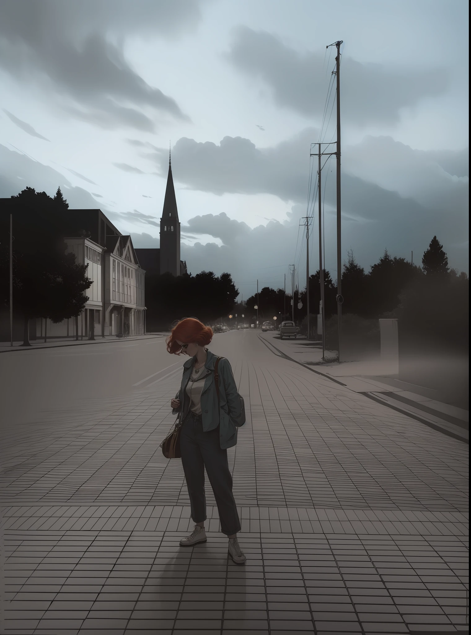 (((Lots of color filters+Vintage effect:1.2+retro style)), hiquality, Detailed drawing, Impressive illustration, beautifull details), Dynamic composition, Bright colors, Magical atmosphere, mysterious aura, Mysterious light, Girl in stylish clothes, Bright make-up,  (redhead hair), Fantastic backstory, magnificent details, Dreams and inspiration.