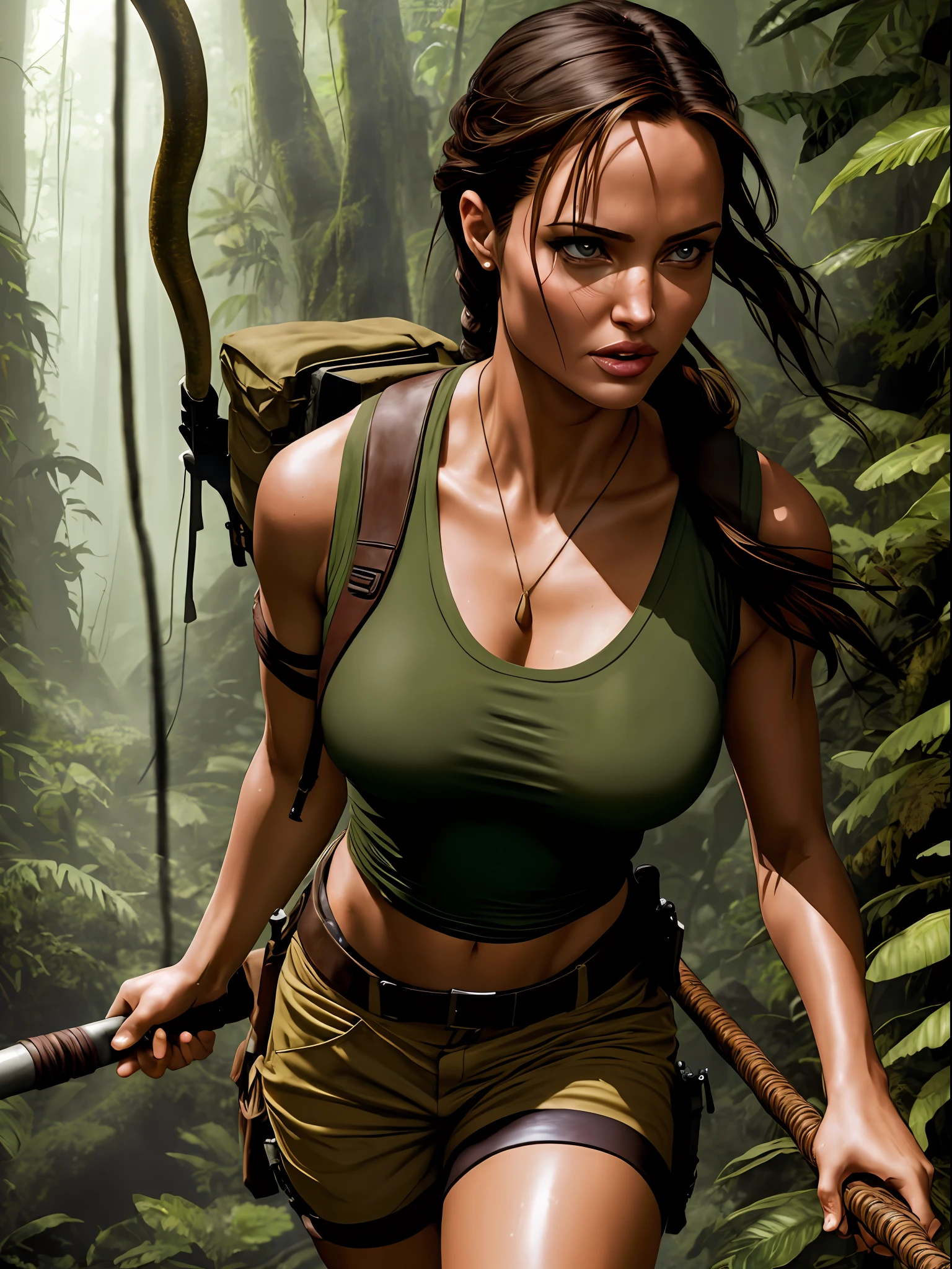 color photo of: an epic close-up shot of Lara Croft, a character from "Tomb Raider", beautiful and sexy, in the rainforest, with massive, damp trees, snakes, sunlight, and the Dindal effect.
khaki tank top, brown shorts, beige boots, black backpack, climbing axe, jungle background, determined and focused expression, Arri Alexa Mini camera, Fujifilm Fujicolor Pro 400H film, 35mm lens, lens flares, Angelina Jolie, Alicia Vikander, Tarsem Singh, Jean-Baptiste Mondino, Alexander McQueen --auto