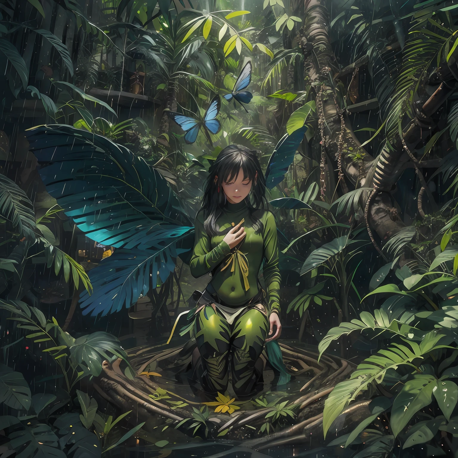 Deep in the Amazon jungle、Wrap your own child in banana leaves、Put in the nest of white ants、Perform a spirit return ritual14Yanomami Girl、A blue butterfly is flying in the sacred and calm darkness。There are many signs of life and soul wriggling in the dark。 Realistic Trees々、ivy、Overlapping leaves、Entangled ivy、Fern covering the ground、humus、Wet darkness、