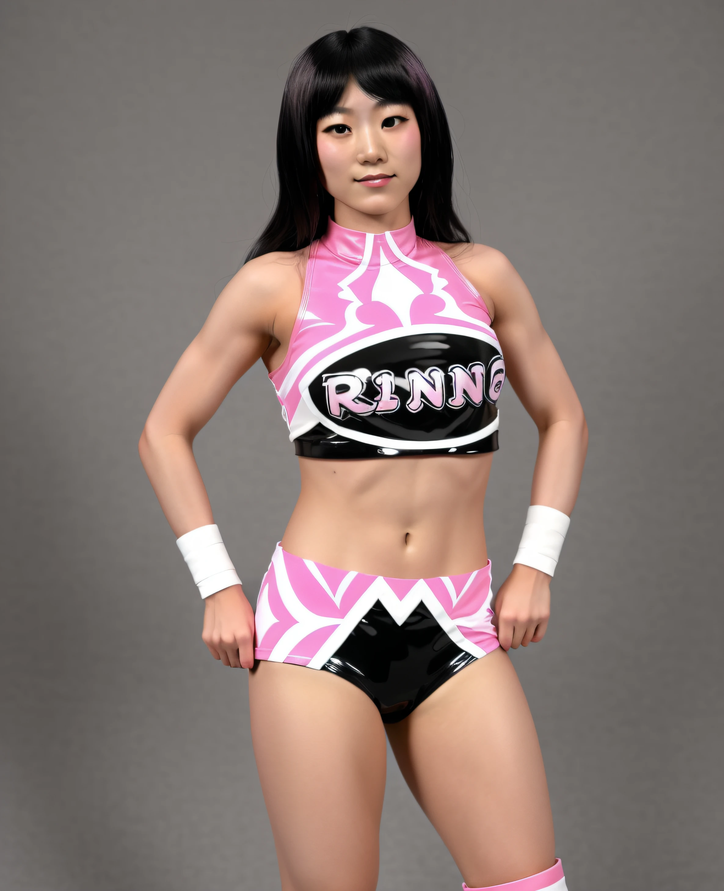 ((masterpiece, best quality)), Cute Young Japanese female wrestler, in pink white and black vinyl top that says "RINNI", pink white and black vinyl trunks, white wristbands, pink white and black vinyl knee-pads, photo realistic, intricate details