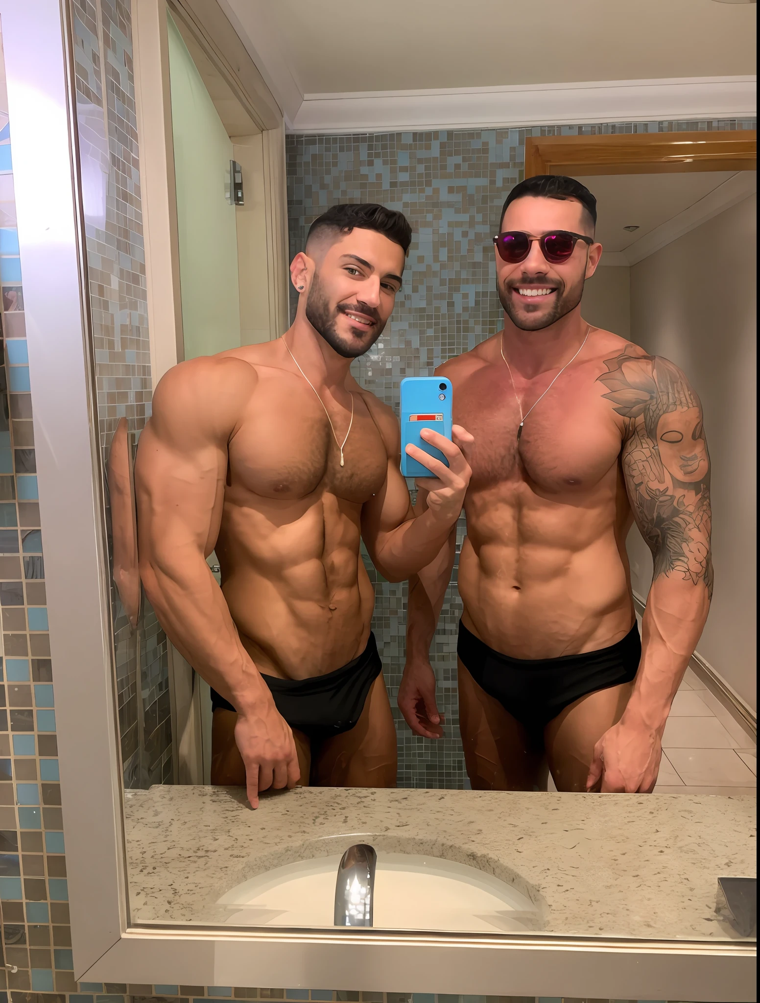 There are two men in the bathroom taking a selfie, 2 homens musculosos atraentes, Homens de 30 anos,, two muscular men entwined, muscular men entwined together, dois homens bonitos, imagem de perfil, musculos, manter rostos da foto original