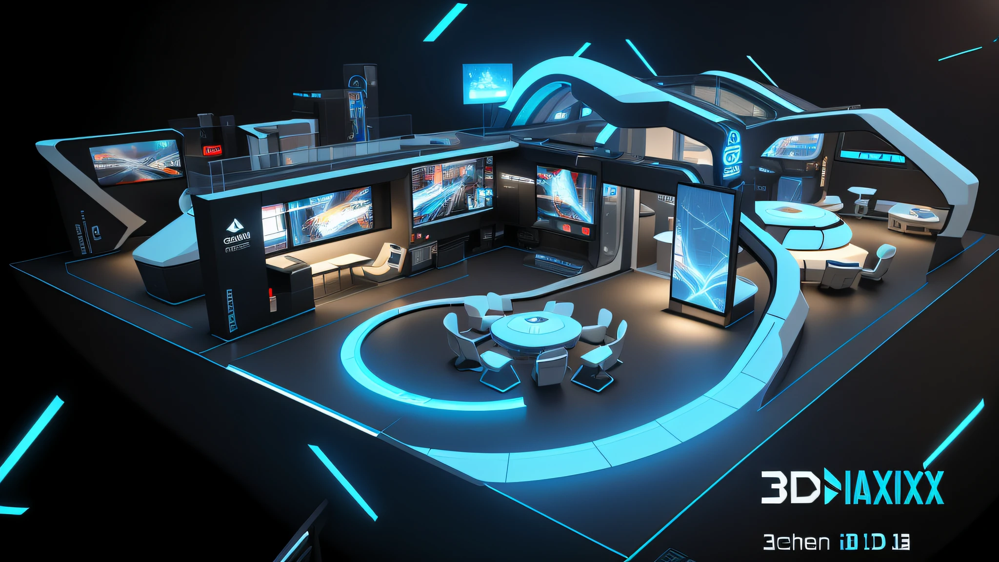 "(Futuristic interior close-up with exaggerated structure), 3D iOS room:1.2, Exhibition hall，Technologie，Creative concept:1.1, Cyber:1.2, scifi platform:1.1, 3d 8k render, 8K artistic rendering, Mix brightness:0.9, Color mixing:0.9)" 3d concept render, 3 d concept render, futuristic architecture concept, 3d cgi render