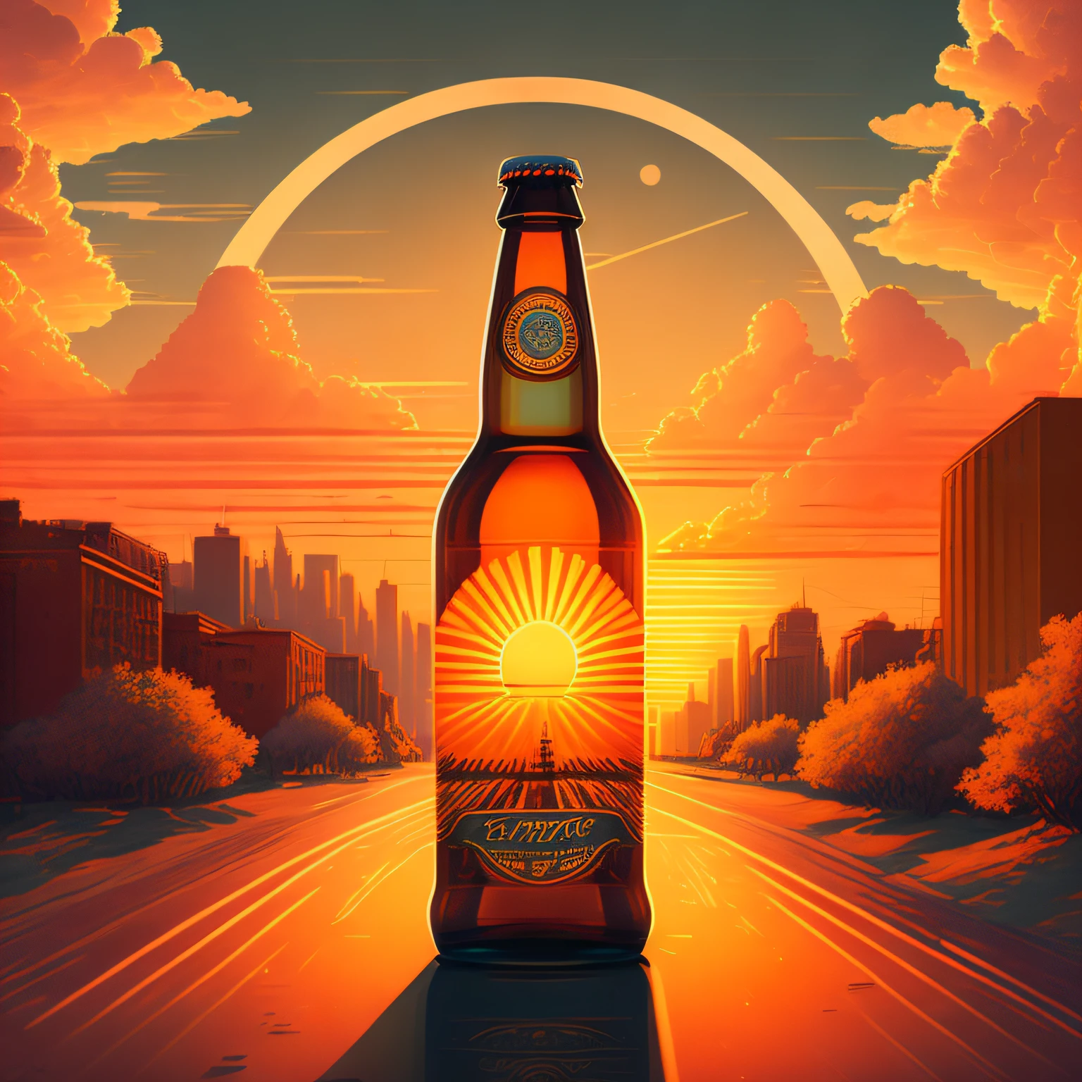 City streets in summer landscapes, In the distance, the sun goes down to illuminate the entire sky, MIDJOURNEY, vectorial art, Hydro74,Brand name beer bottle in sunset font,Magnum,Autopunk,