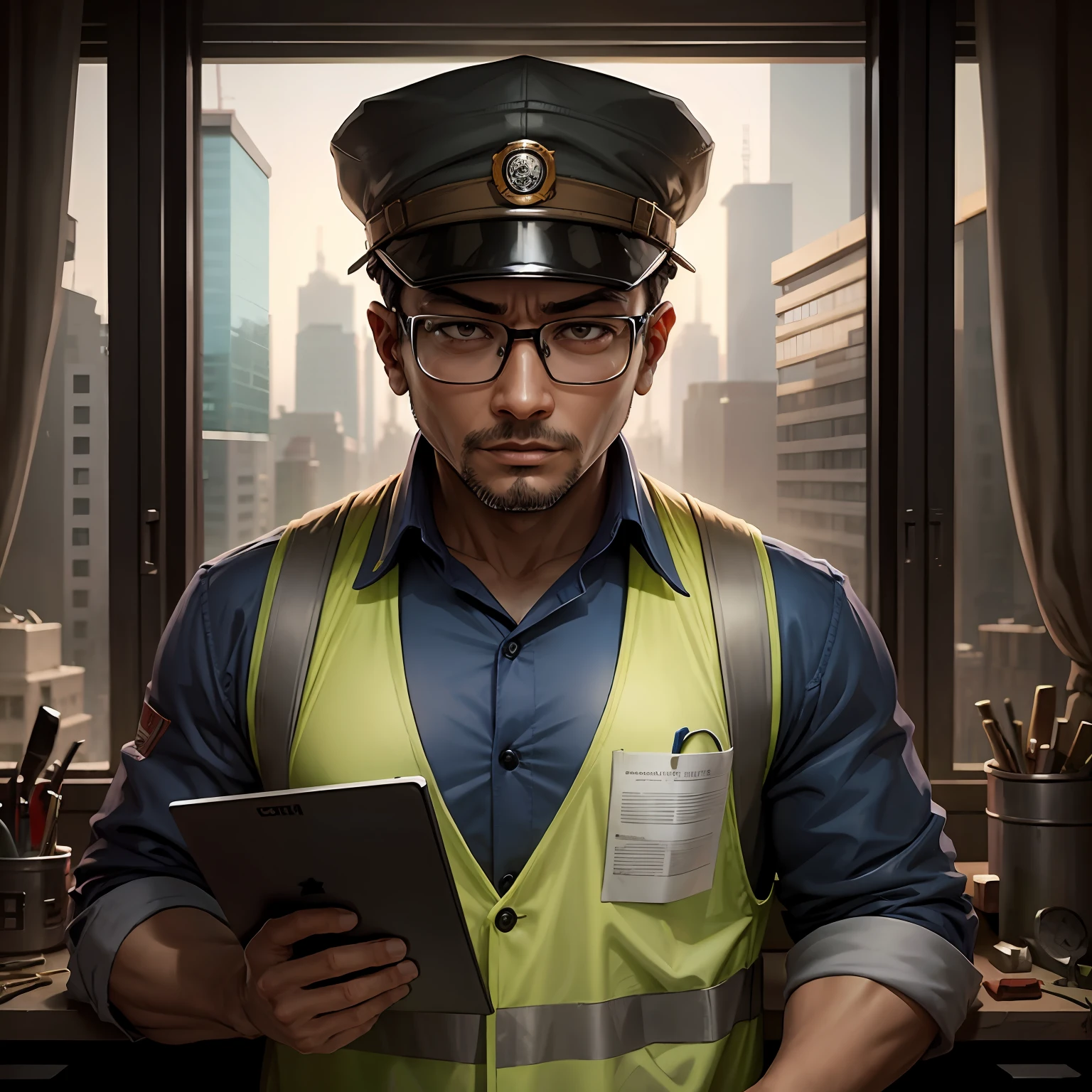 An engineer wearing glasses and an engineering cap,On the construction site,chineseidol,Big-eyed men,Wear a suit, --auto