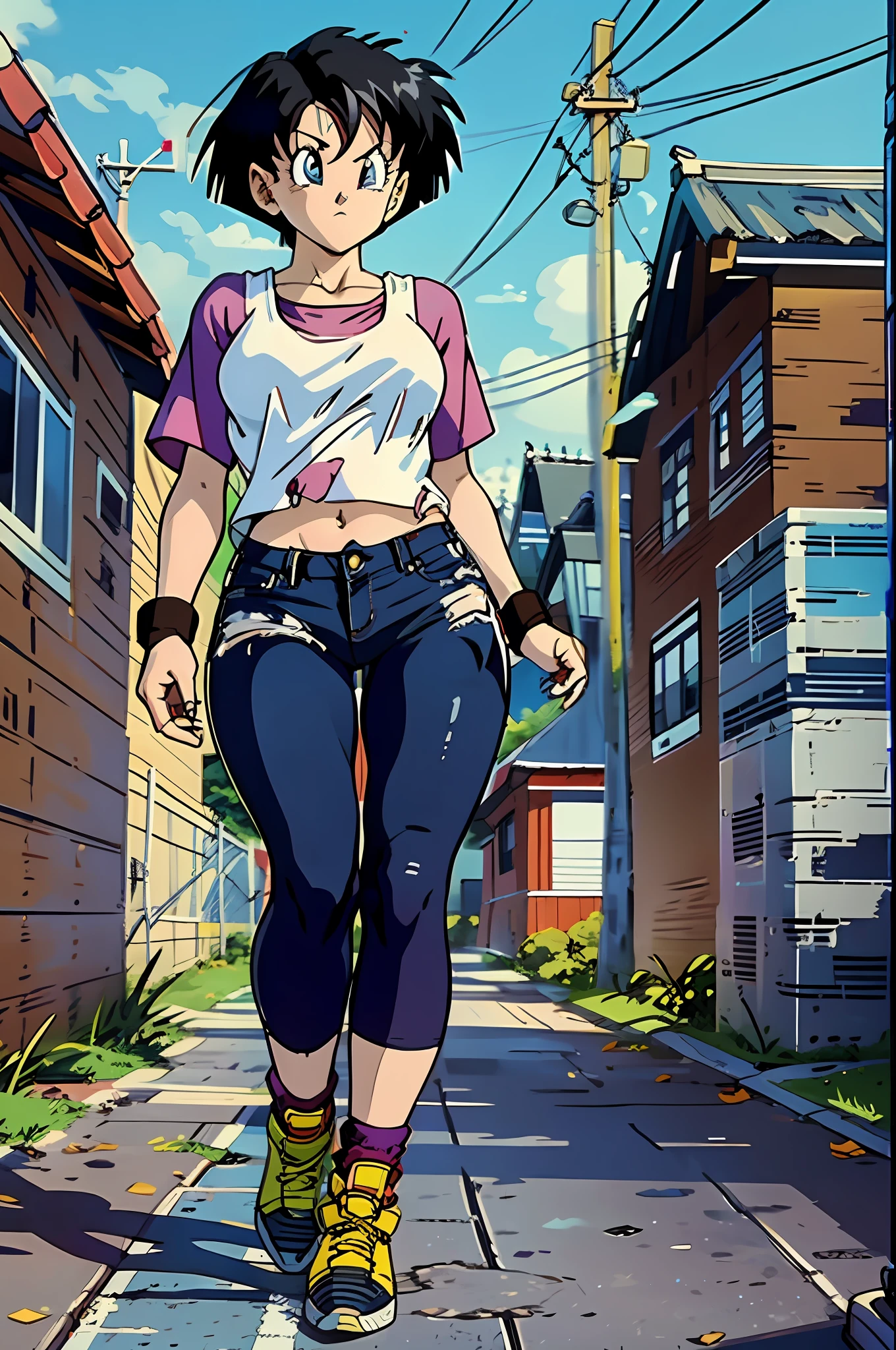 Videl, muito sensual, com roupas de funkeira, brasileira, rio de janeiro, dancing funk, rebolando, bunda grande, pernas grossas, usando um short jeans extremamente curto, usando uma mini blusa, umbigo com pirsing, sneakers Nike, cabelo comprido, Speaker behind, corpo inteiro, muito realista, extremamente sexy, 8k, 8k extremamente detalhado), (um extremamente delicado e bonito), (obra-prima), (melhor qualidade: 1.0), (ultra highres:1.0)