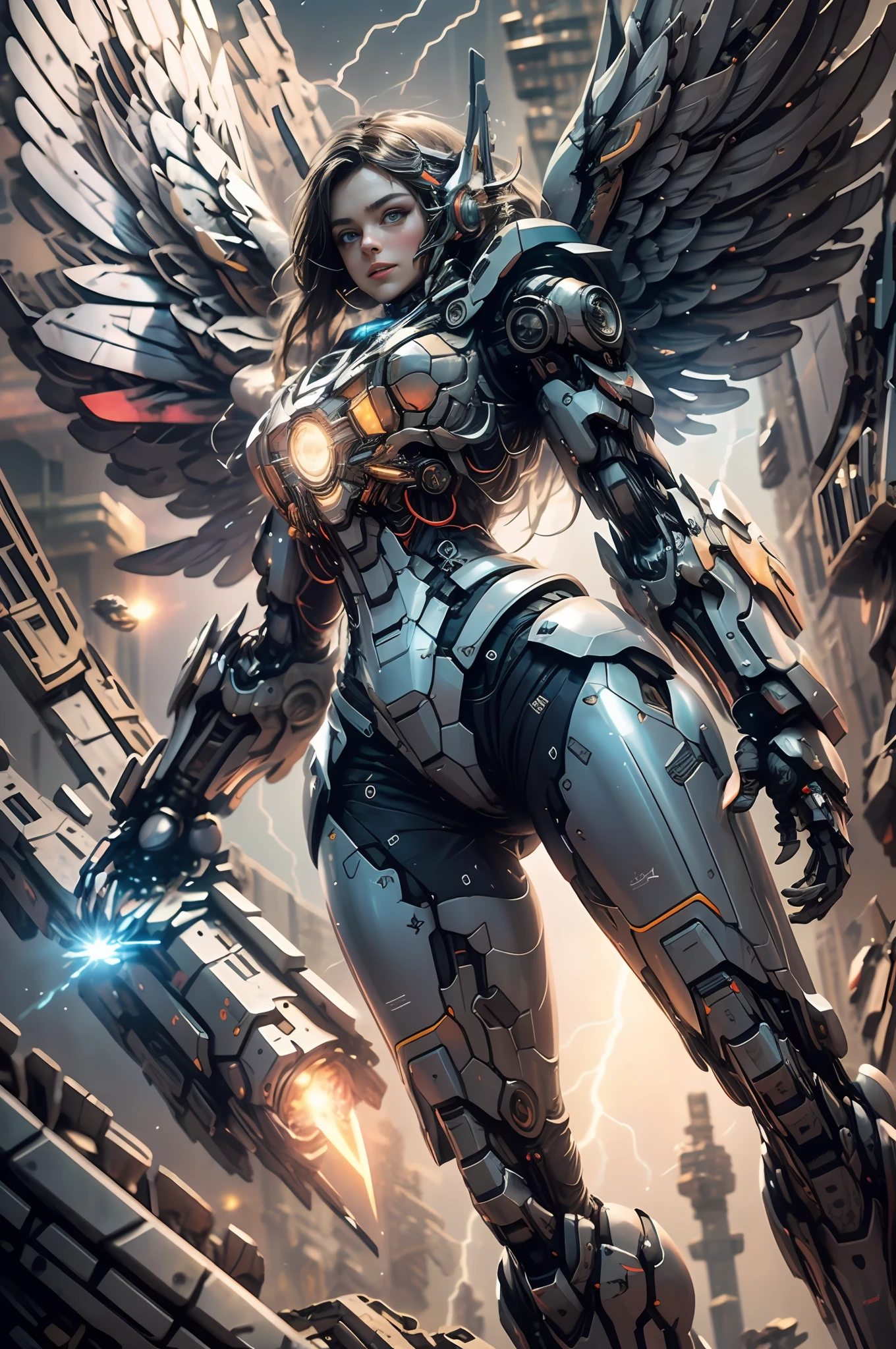 ((Best quality)), ((Masterpiece)), (Highly detailed:1.3), 3D, Beautiful, (Cyberpunk:1.2), In space, Starcloud, Holding_arma, (1Female mecha:1.3), Facing the viewer, Glowing eyes, full body, (Flying, swooping down, Dynamic, Motion blur: 1.4), (huge mecha wings: 1.6), Looking up, Glowing_Eyes, Mecha, in a panoramic view, The background is the Earth, Starcloud, space, Particle, reality, hdr (HighDynamicRange), Ray tracing, NVIDIA RTX, Super resolution, Unreal 5, Subsurface scattering, PBR Texture, post-proces, Anisotropic filtering, Depth of field, maximum definition and sharpness, Many-Layer Textures, Albedo e mapas Speculares, Surface Coloring, Accurate simulation of light-material interaction, perfectly proportions, rendering by octane, Two-tone lighting, largeaperture, Low ISO, White balance, Rule of thirds, 8K raw data, High-Efficiency Sub-Pixel, sub-pixel convolution,Mechanical wings,featheredwings,arm,Holding a gun,Tech guns,Future Style,Sci-fi sense,Contempt for humanity,Dangling,One leg is bent,Lightning and lightning night,exquisite face,(Slimmer,The legs are thinner,Slender),Fly in the air,Overlooking the ground,The details on the wings stand out,
The face is beautiful,long whitr hair,eBlue eyes