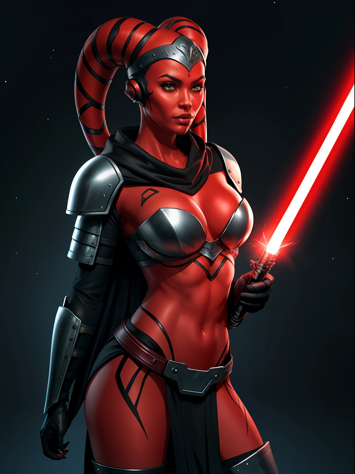 ((red skin), twi'lek), dual red lightsabers, evil space knight, space ninja, (black robes, black stealth armor, breastplate, tunic, tabard, cowl, cloak, body glove, straps, buckles, skirts, long sleeves, fantasy, ((armor))), ((busty), slender body, thin, slim sexy body, slim waist, large breasts), Imperial starship, Star Wars,