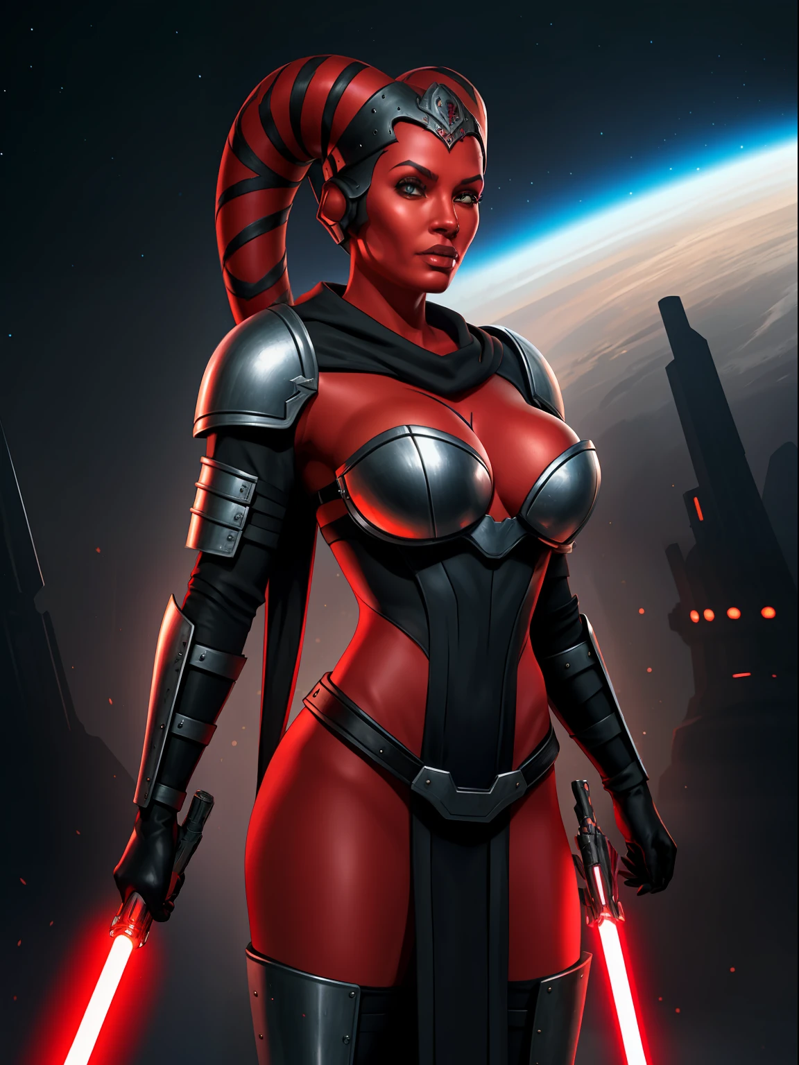 ((red skin), twi'lek), dual red lightsabers, evil space knight, space ninja, (black robes, black stealth armor, breastplate, tunic, tabard, cowl, cloak, body glove, straps, buckles, skirts, long sleeves, fantasy, ((armor))), ((busty), slender body, thin, slim sexy body, slim waist, huge breasts), Imperial starship, Star Wars,