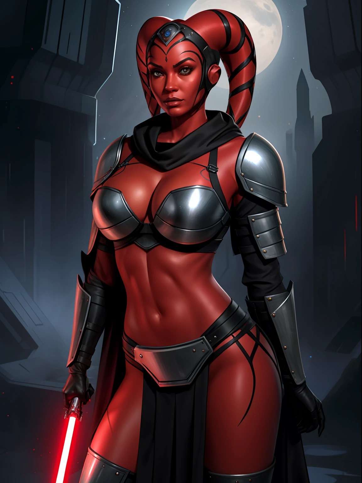 ((red skin), twi'lek), dual red lightsabers, evil space knight, space ninja, (black robes, black stealth armor, breastplate, tunic, tabard, cowl, cloak, body glove, straps, buckles, skirts, long sleeves, fantasy, ((armor))), ((busty), slender body, thin, slim sexy body, slim waist, huge breasts), Imperial starship, Star Wars,