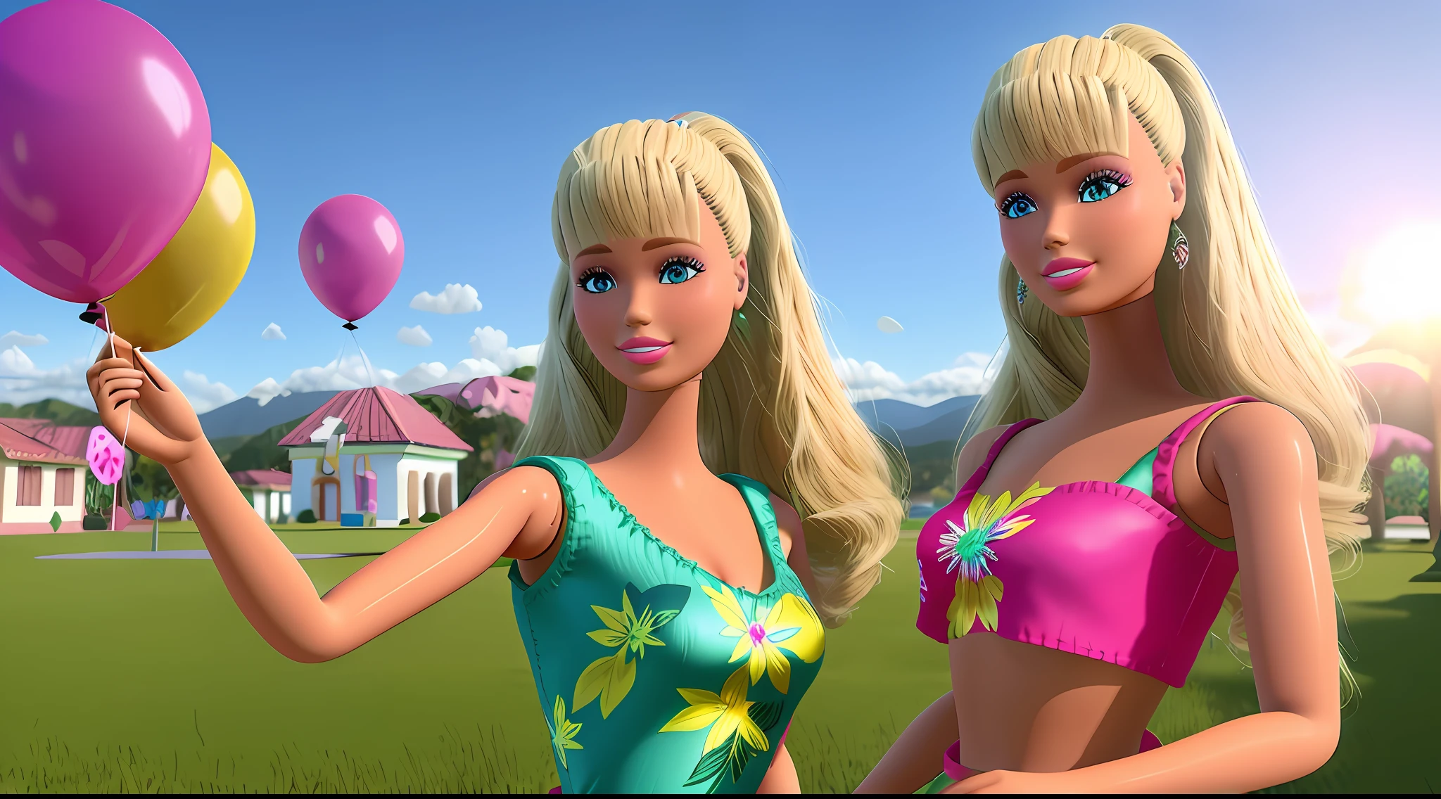 barbie doll, birthday balloons, blonde hair, outdoor party, (Obra maestra, La mejor calidad), Altas Resoluciones, (8k, Foto RAW, highest qualityr), Hiperrealista, ..3d, centrado, (TS_Barbie), (perfect lighting and composition:1),Soft lighting, (High detail, 8K resolution:1), HDR:0.7, Cara detallada, Perfecto, (dynamic), pose, (alta calidad:1.2), plastic skin, ((brillante:1.3)),