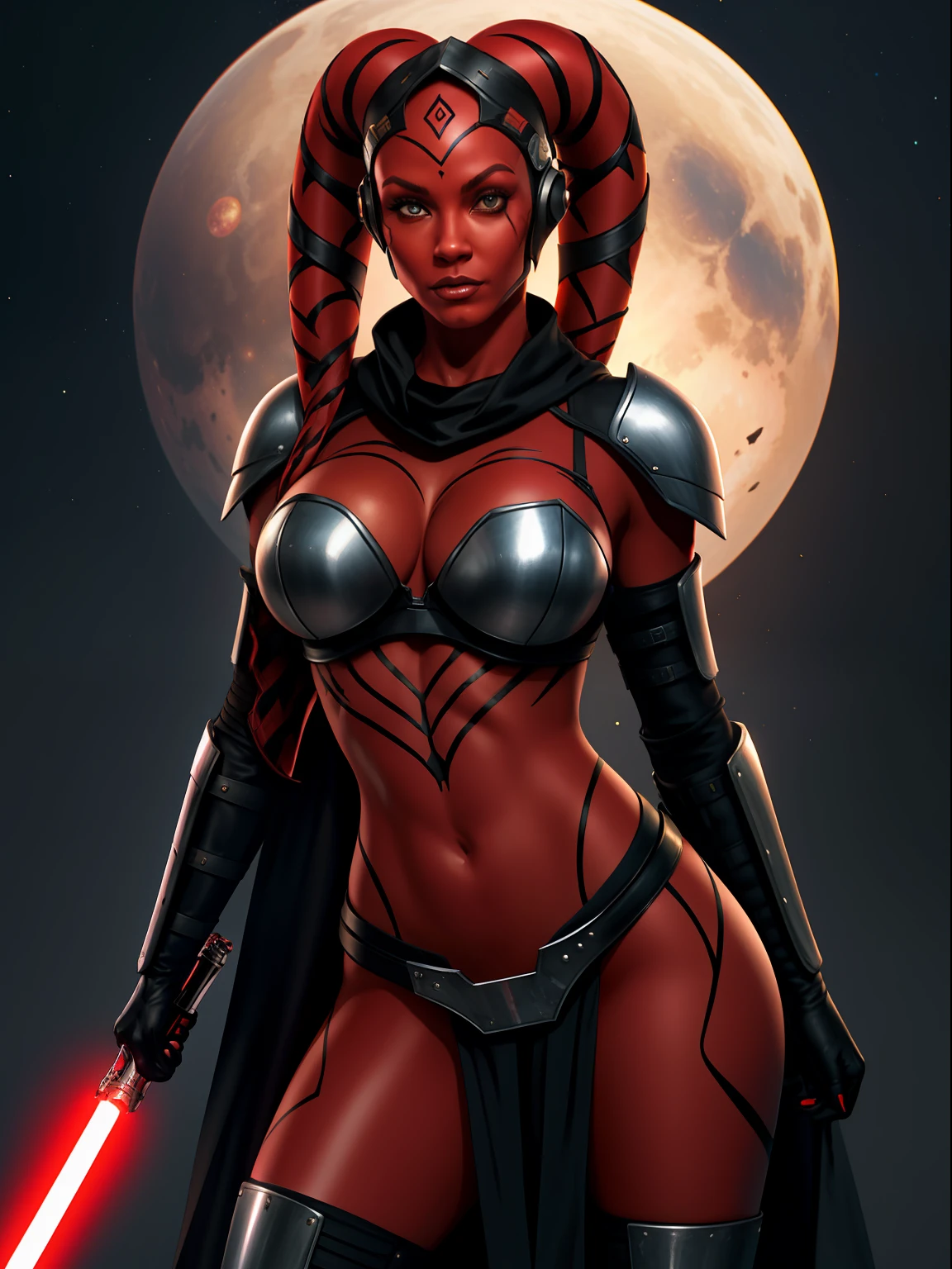 ((red skin), twi'lek), dual red lightsabers, evil space knight, space ninja, (black robes, black stealth armor, breastplate, tunic, tabard, cowl, cloak, body glove, straps, buckles, skirts, long sleeves, fantasy, ((armor))), ((busty), slender body, thin, slim sexy body, slim waist, huge breasts), Imperial starship, Star Wars,