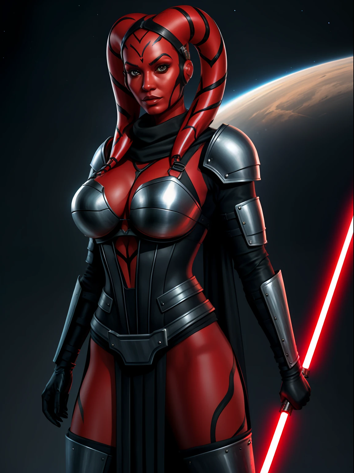 ((red skin), twi'lek), dual red lightsabers, evil space knight, space ninja, (black robes, black stealth armor, breastplate, tunic, tabard, cowl, cloak, body glove, straps, buckles, skirts, long sleeves, fantasy, ((armor))), ((busty), slender body, thin, slim sexy body, slim waist, huge breasts), Imperial starship, Star Wars,
