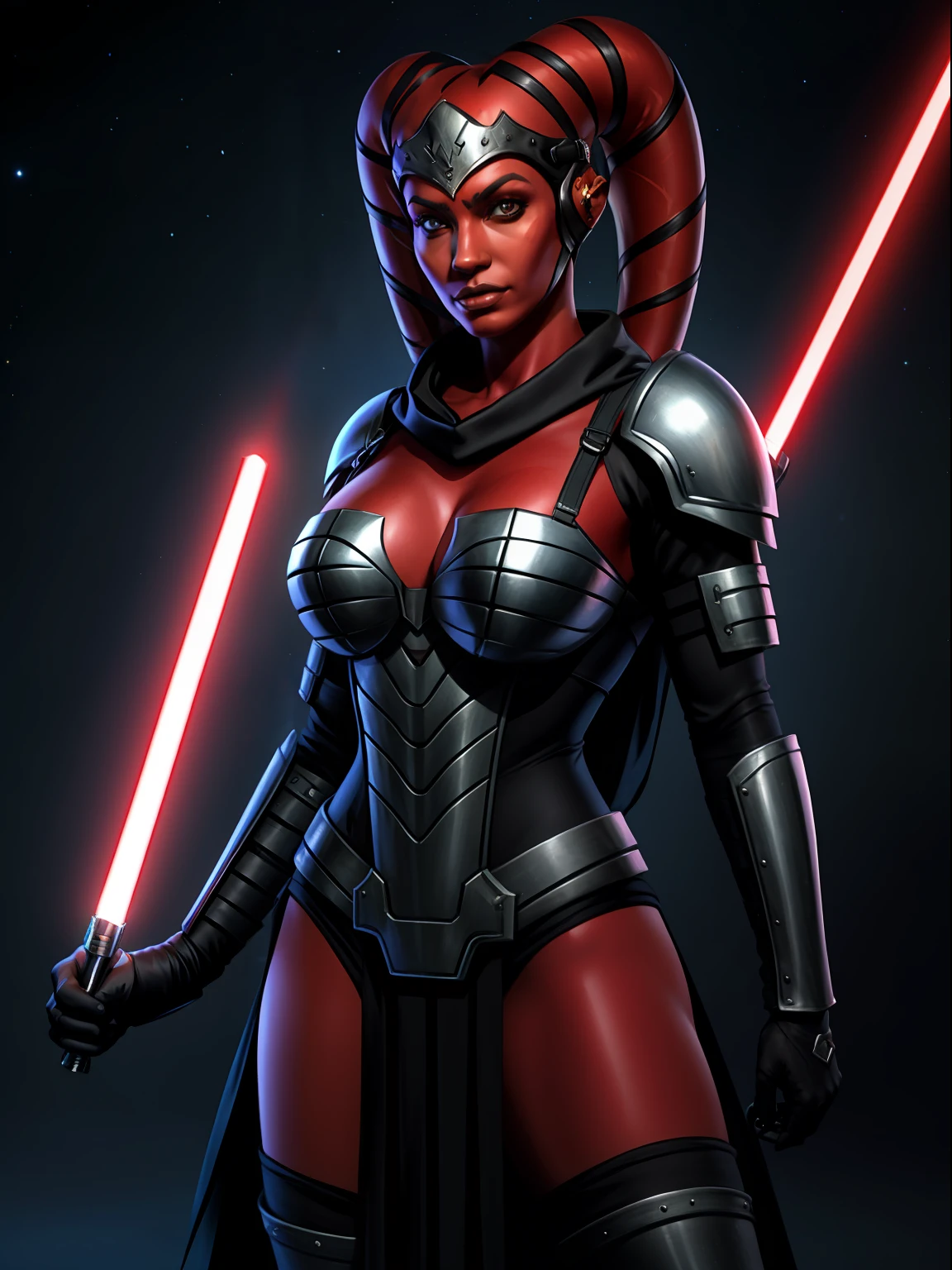 ((red skin), twi'lek), dual red lightsabers, evil space knight, space ninja, (black robes, black stealth armor, breastplate, tunic, tabard, cowl, cloak, body glove, straps, buckles, skirts, long sleeves, fantasy, ((armor))), ((busty), slender body, thin, slim sexy body, slim waist, huge breasts), Imperial starship, Star Wars,