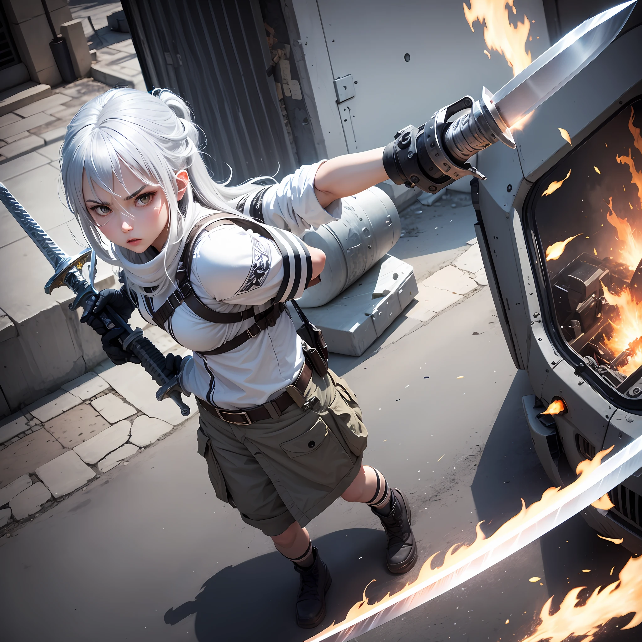 Silver Hair, White Clothes, Female, Sword, Explosion, Humvee, Robber, Fishmouth --auto