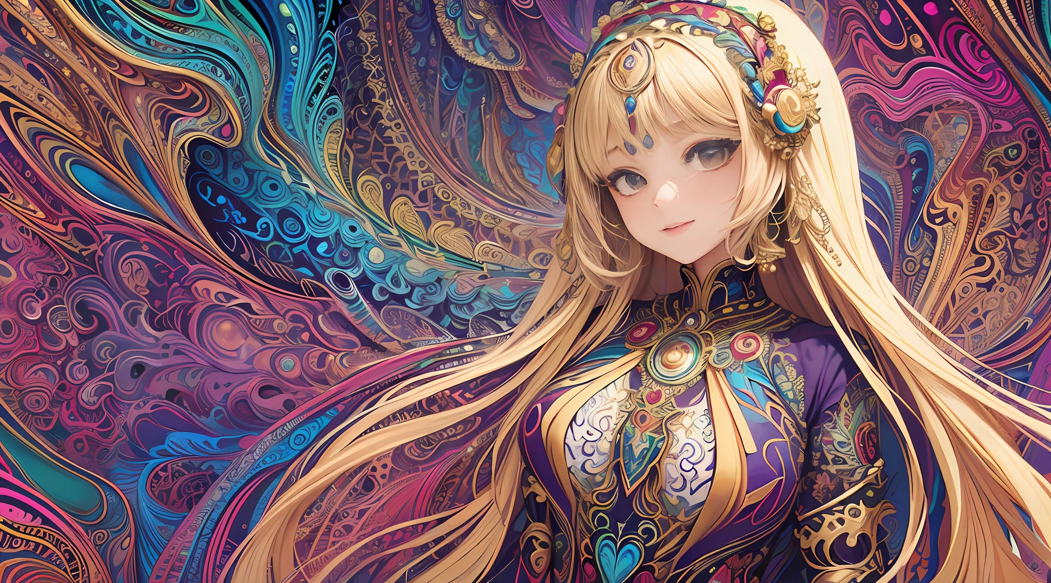 (masterpiece, top quality, best quality, official art, beautiful and aesthetic:1.2), (1girl:1.3), extremely detailed,(fractal art:1.2),colorful,highest detailed,(zentangle:1.2), (dynamic pose), (abstract background:1.5), (treditional dress:1.2), (shiny skin), (many colors:1.4), upper body