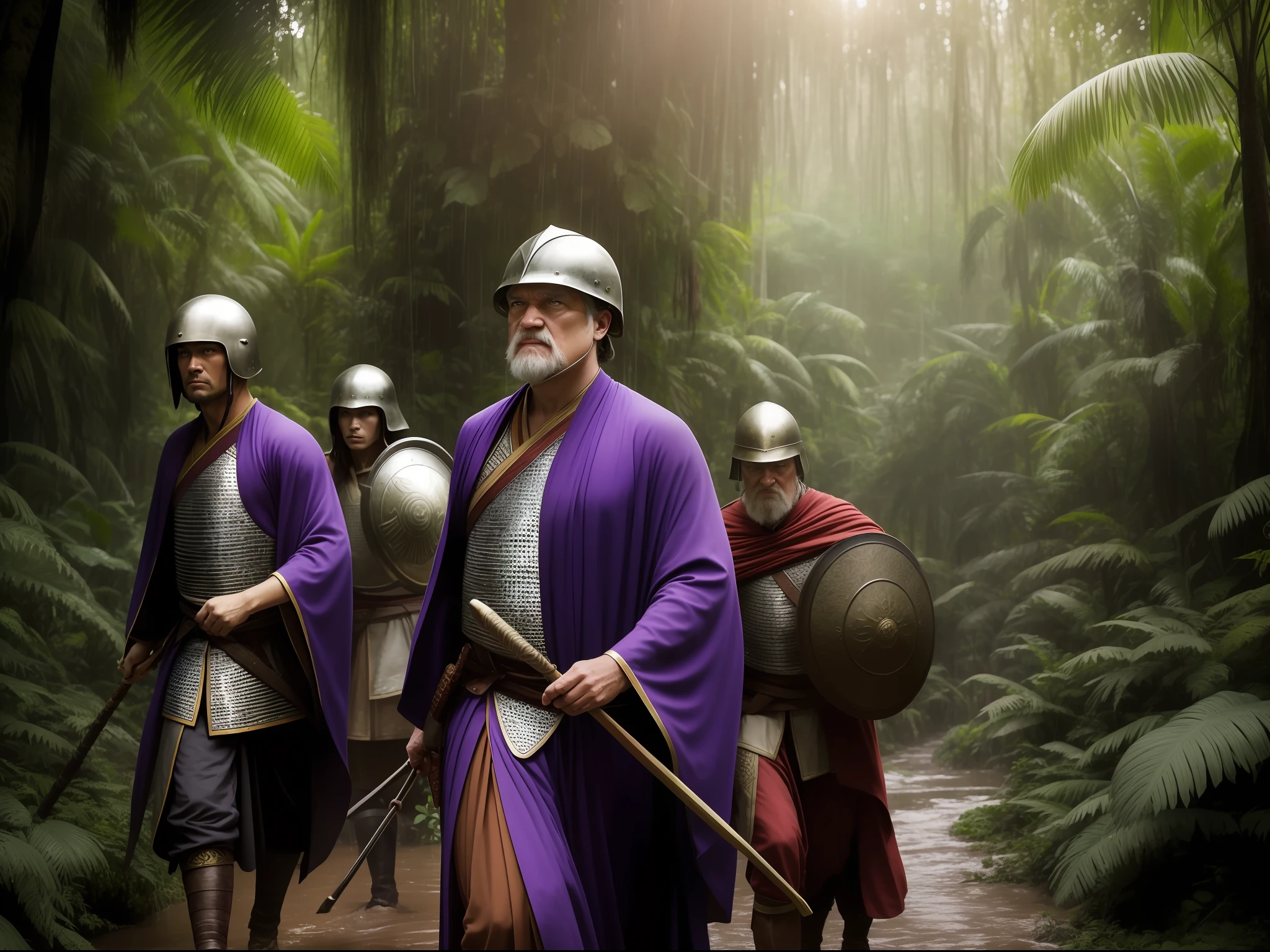 color photo of: an epic close-up shot of a mage and a warrior, two medieval adventurers in armor, carrying shields, axes, and staffs, carefully making their way through the rainforest, with dense vegetation, muddy ground, mushrooms, massive trees, dampness, aerial roots, vines, sunlight, and the Dindal effect.
mage in purple robe, warrior in chainmail and helmet, jungle background, focused and cautious expressions, Nikon D850 camera, Fujifilm Velvia 50 film, 50mm lens, shallow depth of field, Peter Jackson, J.K. Rowling, George R.R. Martin, Neil Gaiman, H.R. Giger --auto