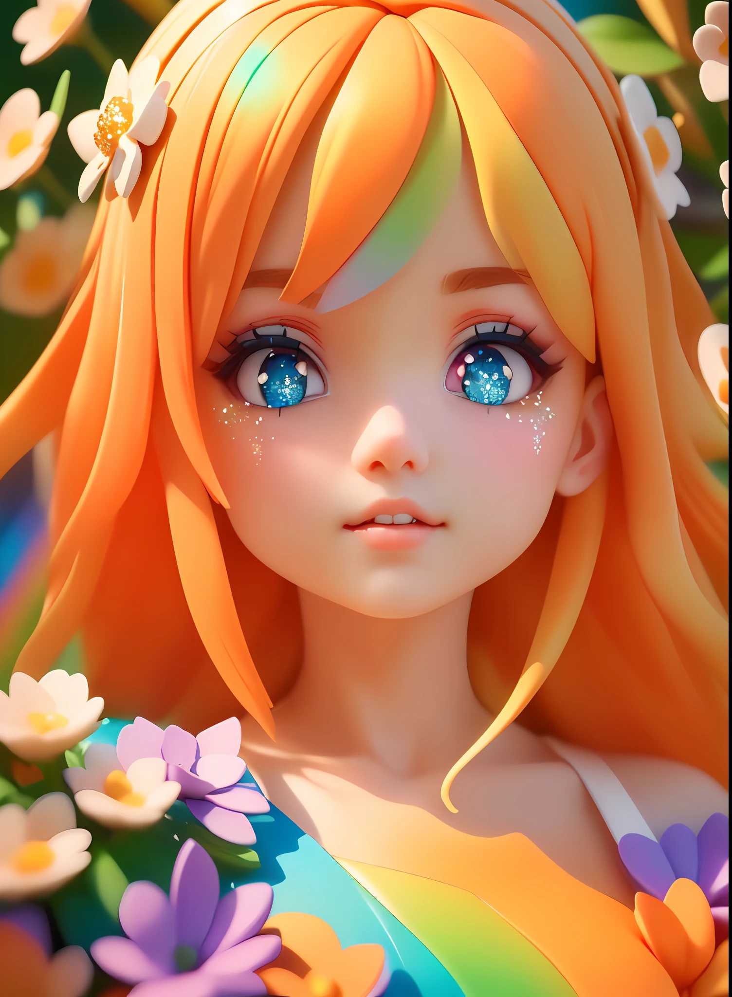 masutepiece, (((Best Quality))), ((extremely detailed eye)), ((Perfect eyes)), ((((Beautiful eyes)))), both eyes the same, Smooth, (((((Perfect face))))), Highly detailed in 8K, High resolution, ((ultra-quality)), Global Illumination, Real hair movement, Realistic light, realistic shadow, Perfect quality, detailed shadow and light, Pixar, ((Fantasy)), ((Magic)), (((Cinematic Light))), Hyper-detailing, Best Quality, (highly detailed CG unit 8k wallpaper, masutepiece, Best Quality, ultra-detailliert, Best Shadow), (Detailed background: 1.4), (beautiful and detailed face, Beautiful detailed eyes), (better lighting, Extremely delicate and beautiful) beautifully detailed brightness, 3D, ((HIPER quality)), 2 k, 3K, 5 k, 6 k, 7K, 8K, (masutepiece, Best Quality, Ultra-detailed, Best Shadow), ((Cinematic Light)), ((Best Quality)), ((masutepiece)), ((Realistic)), (Detailed), highly detailedskin, Insanely detailed, (((SMOOTHNESS, CLEAN IMAGE)))
((((cute and delicate girl)))), ((((Light orange blonde hair))))), ((Medium Hair)), ((((kawaii)))), ((Cute eyes))), ((((kawaii eyes)))),
((((((Glitter and long bright colorful rainbow pastel dress, Diamonds and Flowers)))))), (((wreath, Gold Accessories, Diamonds))), Magic Book, ((rainbow)), (((Flower Tiara Crown))),((((((Colored iridescent water))))))
(((Wood, lake, Flowers, Waterfall, Pearls of Wood, Crystals in a tree, Leaves, Plants))), ((wooden hut)),((( a glowing flower))),(((brilliance, Bright butterfly in flight))),