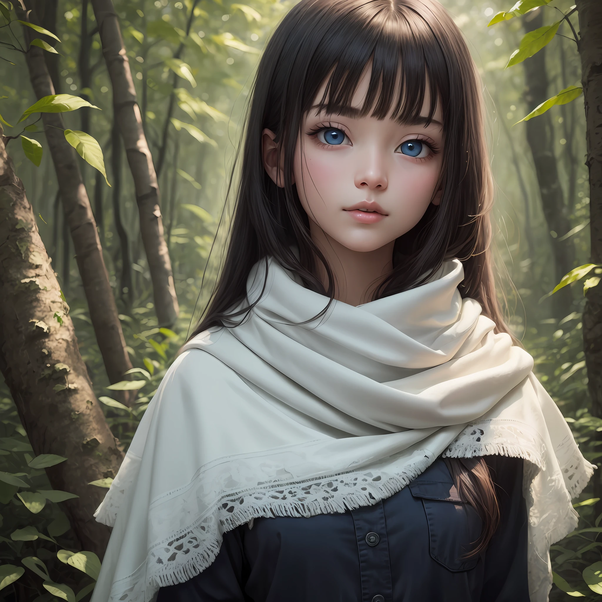 Girl forest background White skin Blue eyes Hair shawl with bangs --auto