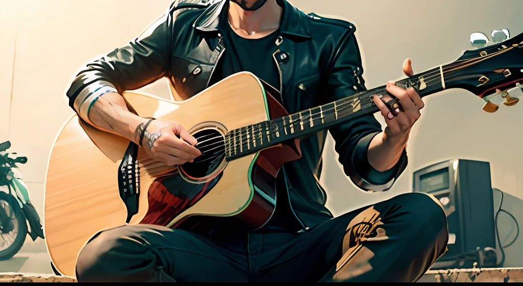A man with short hair sits on a motorcycle playing guitar --auto