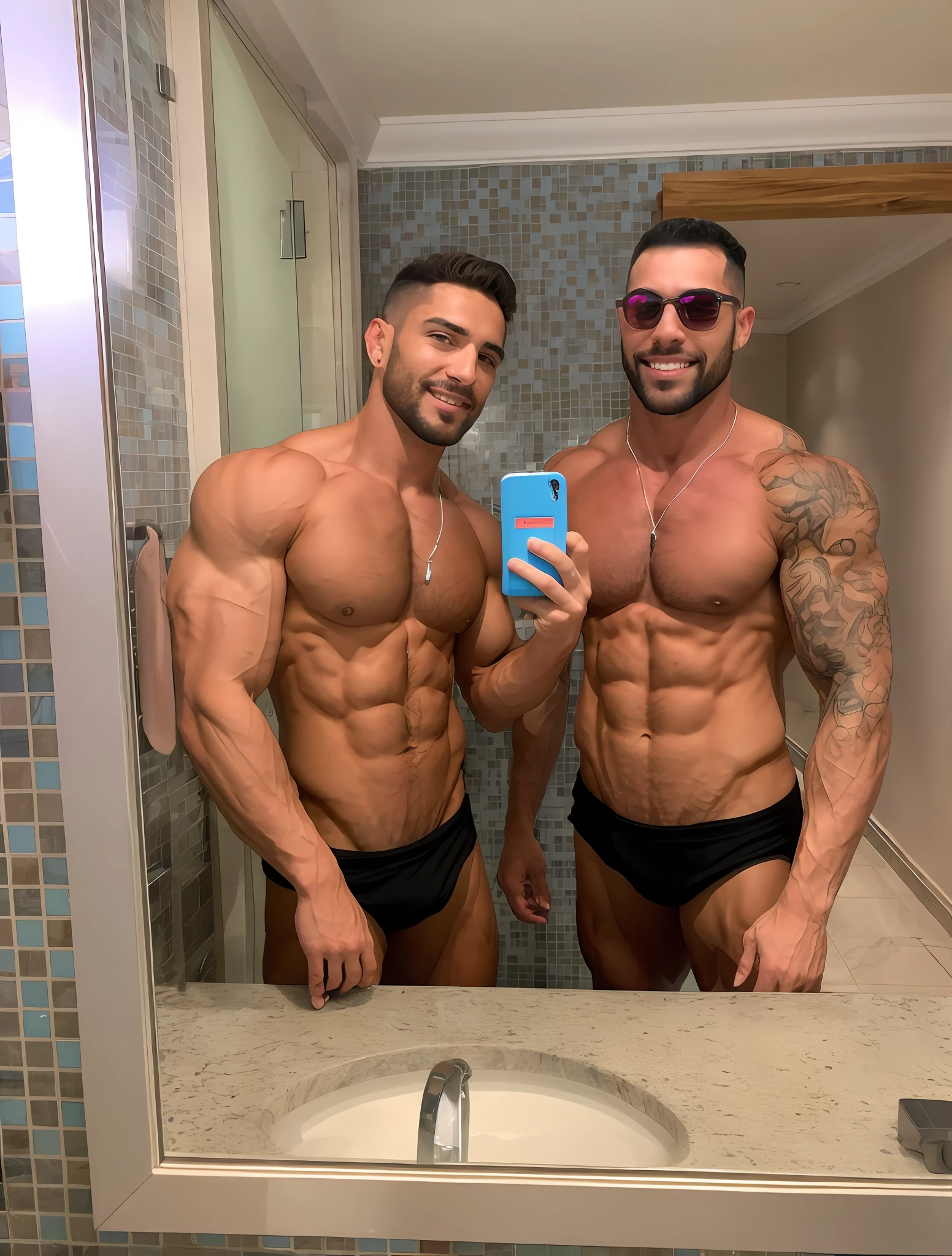 There are two men in the bathroom taking a selfie, 2 homens Musculaturaos atraentes, Homens de 30 anos,, two men Muscles intertwined, men Interlaced muscles, dois homens bonitos, imagem de perfil, Musculatura, manter rostos da foto original