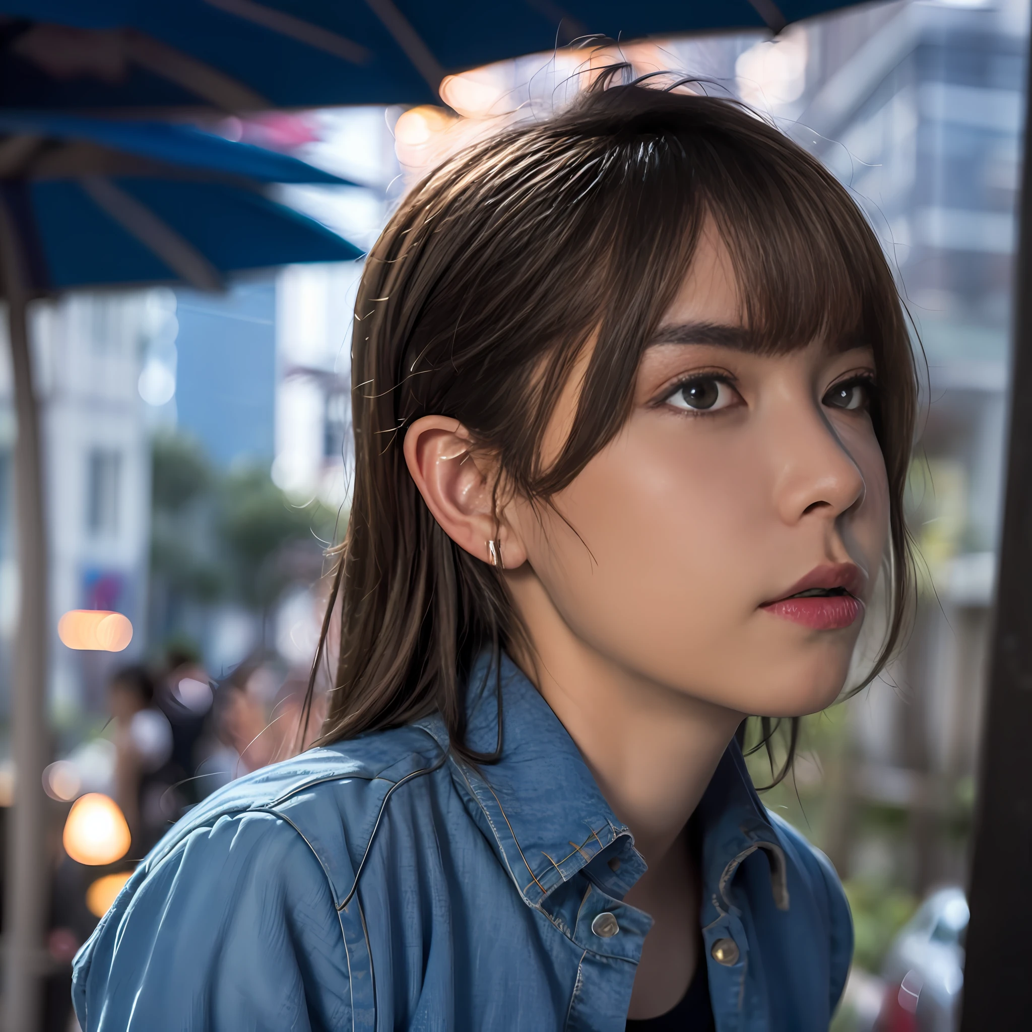 Arad woman in blue shirt and blue umbrella, portrait of a japanese teen, japanese live action movie, portrait of a japanese girl, Soft portrait shot 8 K, beautiful Japanese girl face, shot on nikon z9, side portrait of cute girl, close up of a young anime girl, taken with canon eos 5 d mark iv