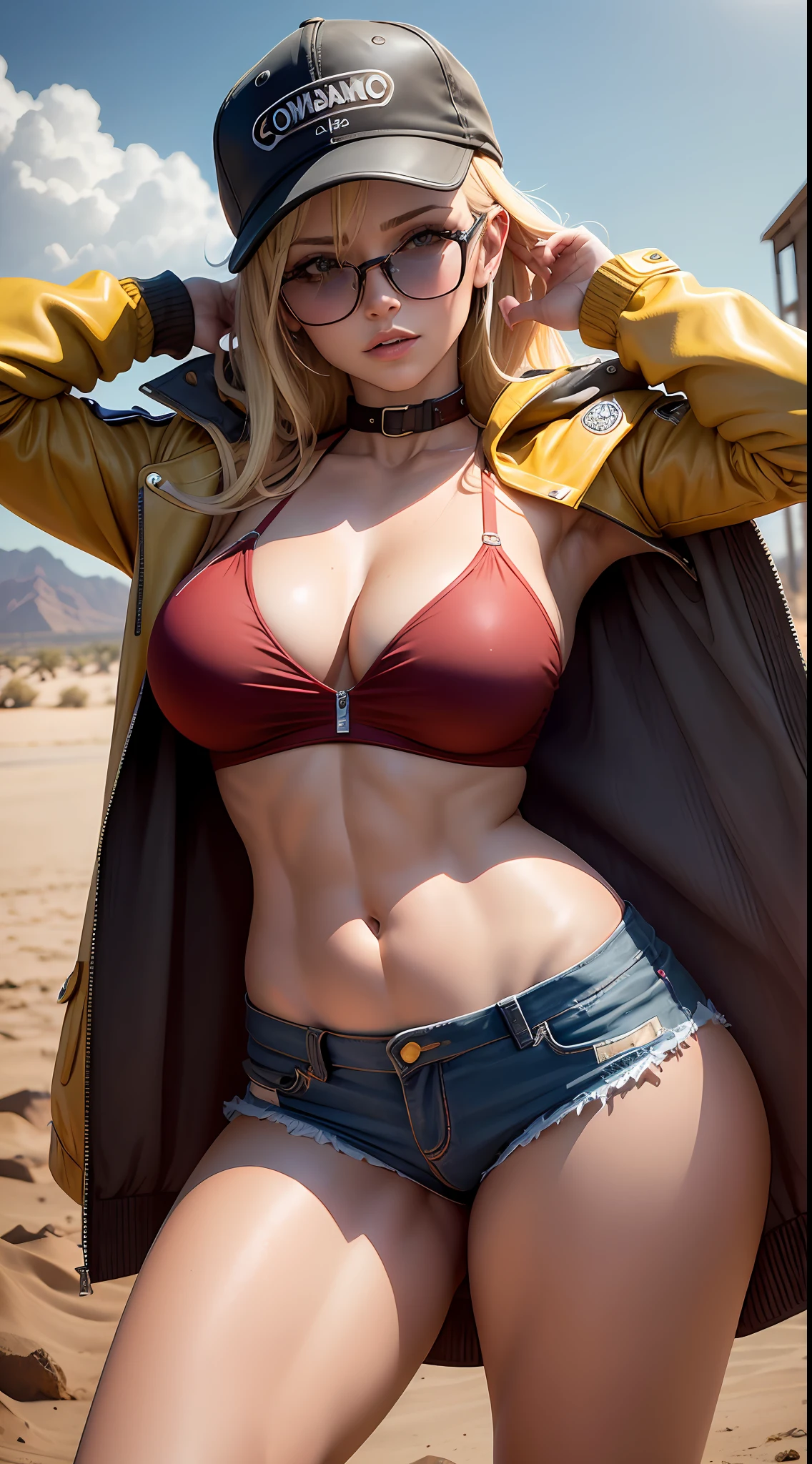 (8k, Foto RAW, melhor qualidade, obra-prima: 1.2), (realista, Foto realista: 1.4), (Fotorealismo: 1.4), (extremamente detalhado CG unidade 8k papel de parede), (1 menina: 1.5), NVIDIA RTX Ray Tracing, corpo inteiro, 1 blonde girl, garota real, ultra high-resolution, high-resolution, Cindy, ( Cindy Aurum Final Fantasy XV), She's an auto mechanic, beleza oriental, linda garota, leve sorriso, olhando para o espectador, (pele altamente detalhada: 1.2), ( jaqueta amarela curta com detalhes em vermelho:1.4), Short yellow leather jacket with red accents and slightly dirty from engine oil, Open jacket with red lingerie on display, (Bra Red: 1.4), Red bra on jacket neckline, (short jeans azul curto), antique steampunk welder's glasses around the neck, cinto de ferramentas em couro marrom levemente folgado na cintura, pele parda com leve brilho, corar, olhos grandes, corpo inteiro, coxas muito grossas e musculosas bem definidas, pernas grossas e torneadas definidas, well-defined muscles, barriga musculosa, cintura fina, defined abdomen, quadris largos, umbigo aberto, cabelos loiros na altura dos ombros, blonde hair, Red cap with shark logo, seios grandes, decote nos seios, corpo voluptuoso, Pose sexy, Legs on display, botas de couro branco na altura dos joelhos, black trawler socks, particuls, In the background an old gas station in the desert and an old winch truck, noite escura estrelada, starry dark sky, estrelas cadentes, lua cheia.