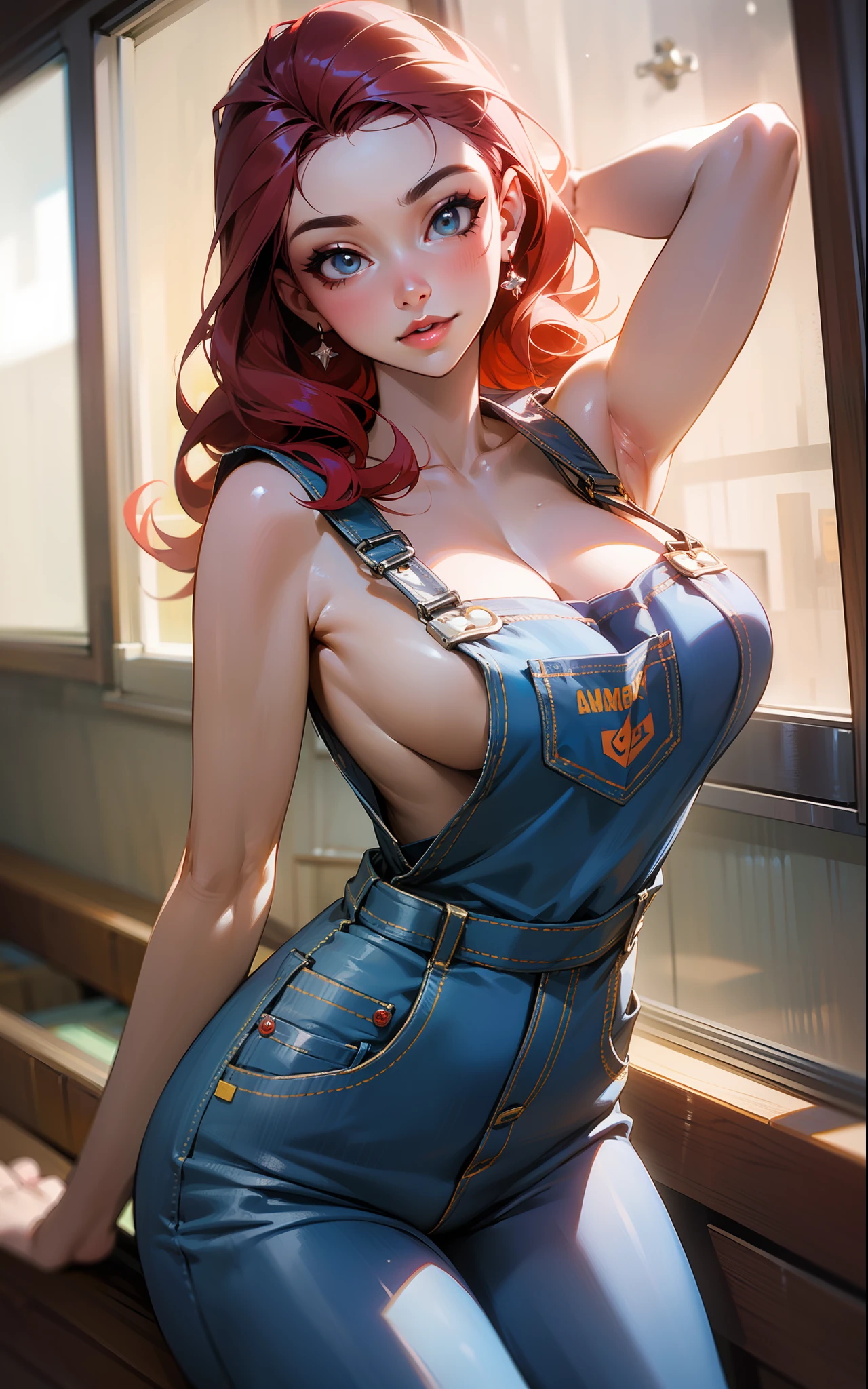 Um closeup de cima, visto de cima, Vista superior de uma mulher de 30 anos (Angela white) in overalls posing in a large open window in the background, Luz Natural, dust particles in the air, mulher loira, cabelos claros e lisos, mais escuro na raiz, raiz do cabelo mais escura, gradiente, cabelos lisos com pintas na altura dos ombros, rosto linear, olhos verdes realista, boca entreaberta, red and wet lips, rosto com sardas, Mulher russa, mais conhecido como Amouranth, Amouranth, wearing dirty overalls, wearing overalls, blue overalls, jovem Amouranth bonito, alexa grace, wearing detailed blue denim overalls, realista, various details, clivagem, peitos enormes, Jumping in overalls (Grande, massive breasts), peitos com sarda, no-bra, not wearing a bra, luz, loose breasts inside the overalls, luz suave, belo contraste, sombras e profundidade, filtro escurecido, 4k, Seu peito, 2 Modelo feminina de 4 anos, sexy look at the camera, 🐎🍑