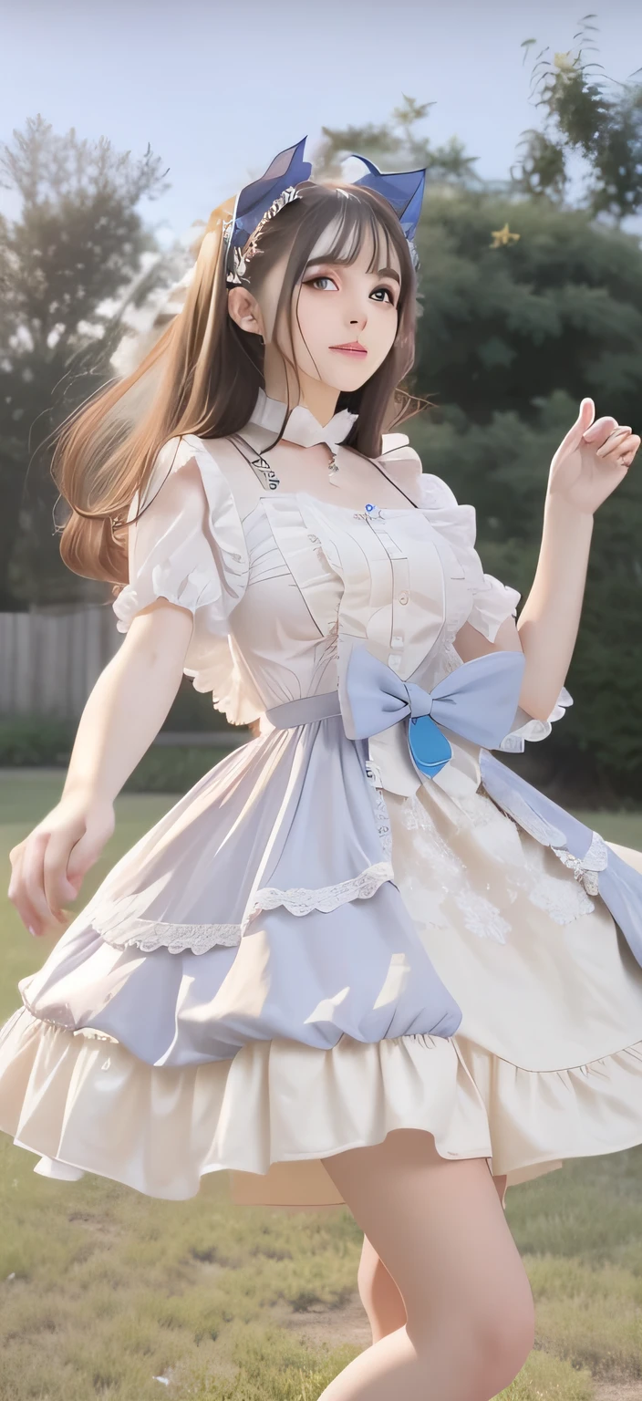 There was a woman in a blue dress walking in the field, ta style, portrait of magical loliirl, lolita fon, angelic pretty, like alice in wonderland, alice from alice in wonder land, pale snow-white skin, victorian gothic lolita fashiBlue royal dress, cosplay of a catboy! maid! dress, inspired by Alice Prin, rococo ruffles dress