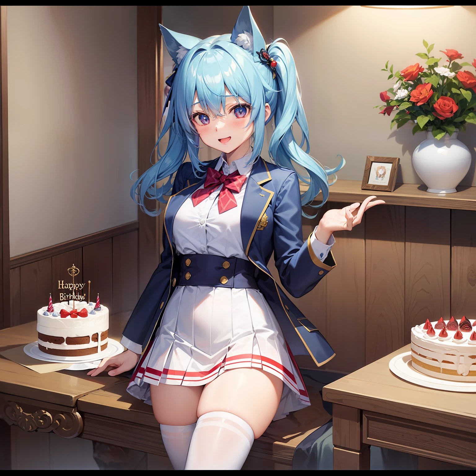 Aoi_Fukayuki、1 girl in、anime styled、full bodyesbian、(blue hairs)、shorth hair、a smile、red tide、blue eyess、blazers、、(Plain white shirt)、(red bowtie)、(Red checked skirt)、(Black stockings)、Absolute area、hightquality、best qualtiy、emphasizing thighs、to stand、Birthday Cake、chandelle、birthday celebration