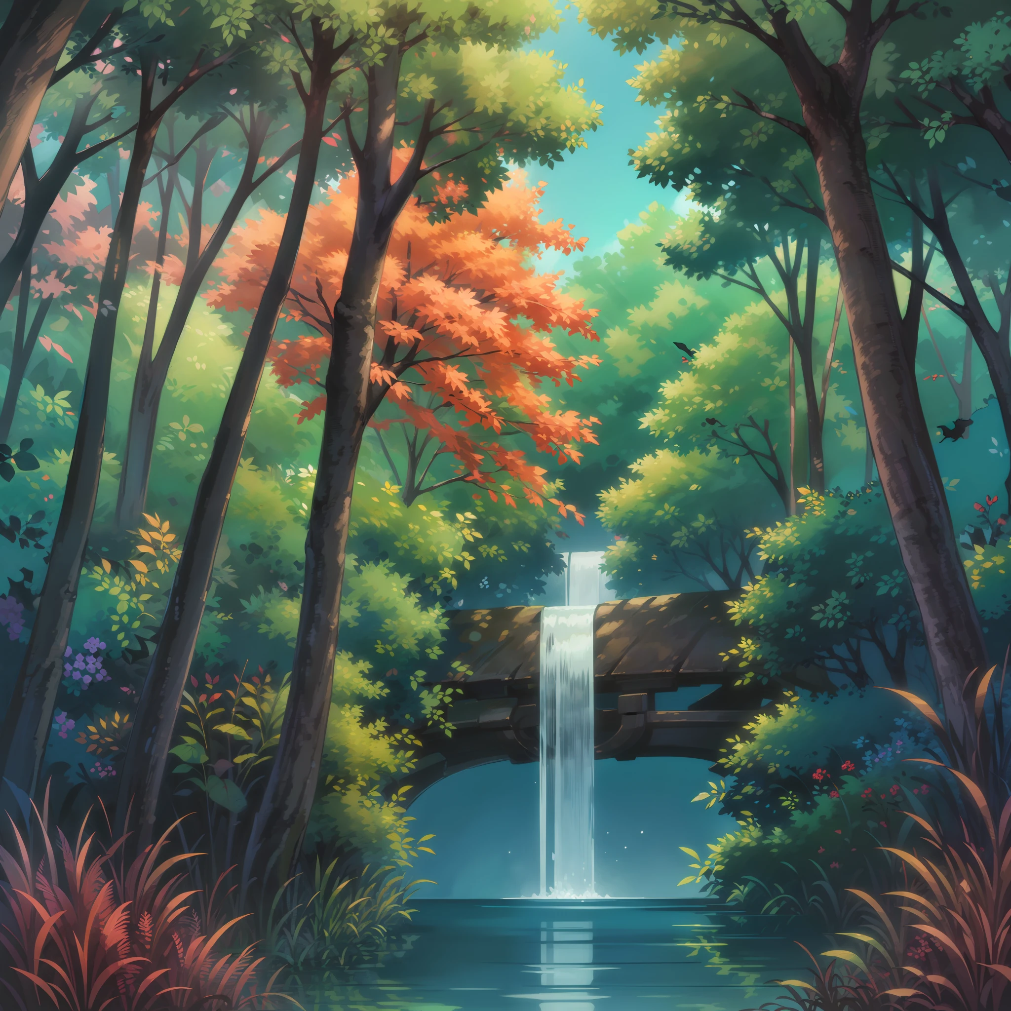 (Masterpiece), (Best quality),drone point of view,ln the forest,waterfallr,gigantic trees,scenecy,(the night),soggy,ssmile,the bats,themoon,red colour,