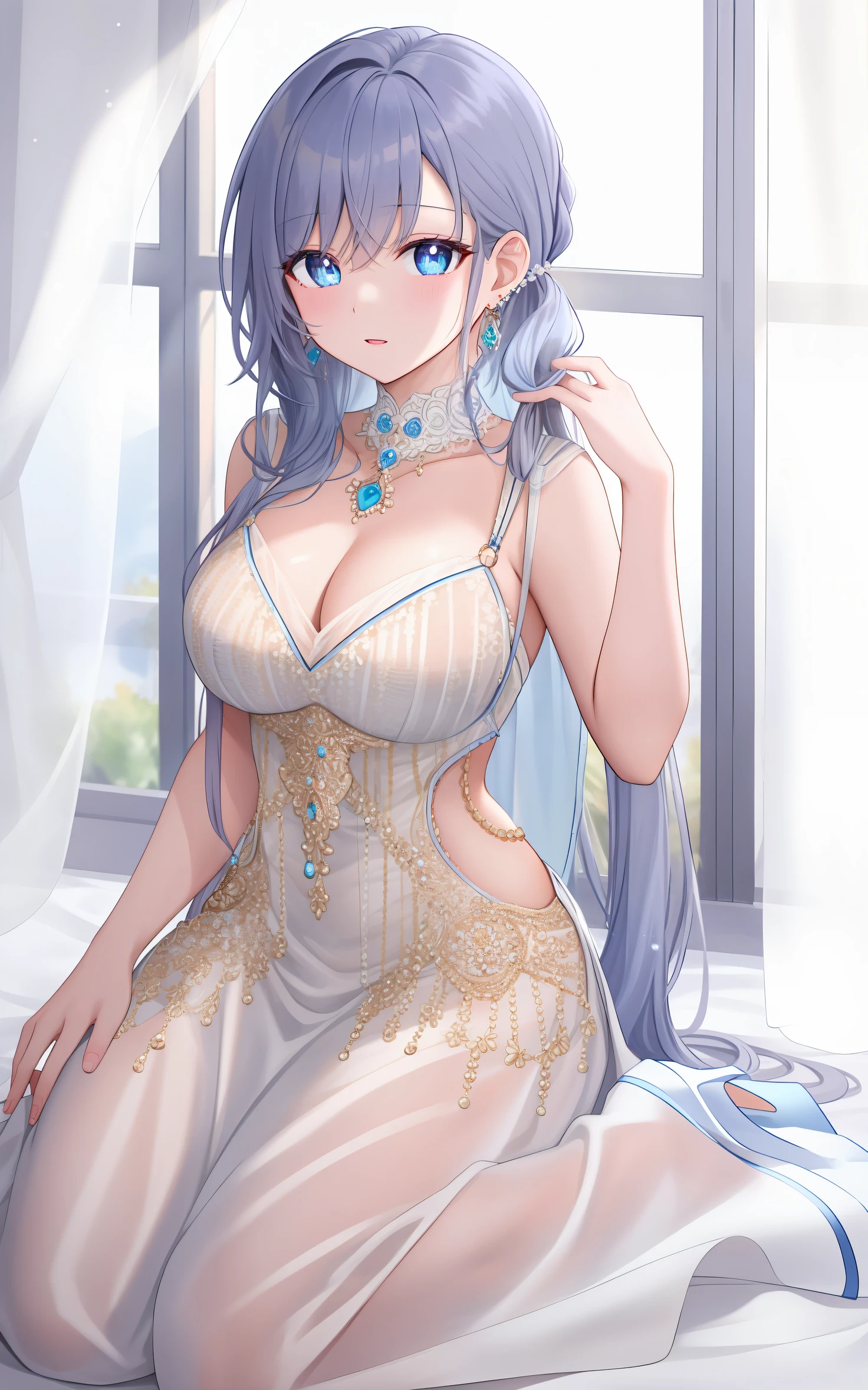 Best quality,Highly detailed,Masterpiece,Ultra-detailed,Solo,Breasts,dress, Earrings,Blue_Eyes,pupils sparkling, pony tails,jewelry, Very_Long_Hair,(1girll),(Delicate eyes),(White background:1.3),wariza,Breasts,dress, Ear...