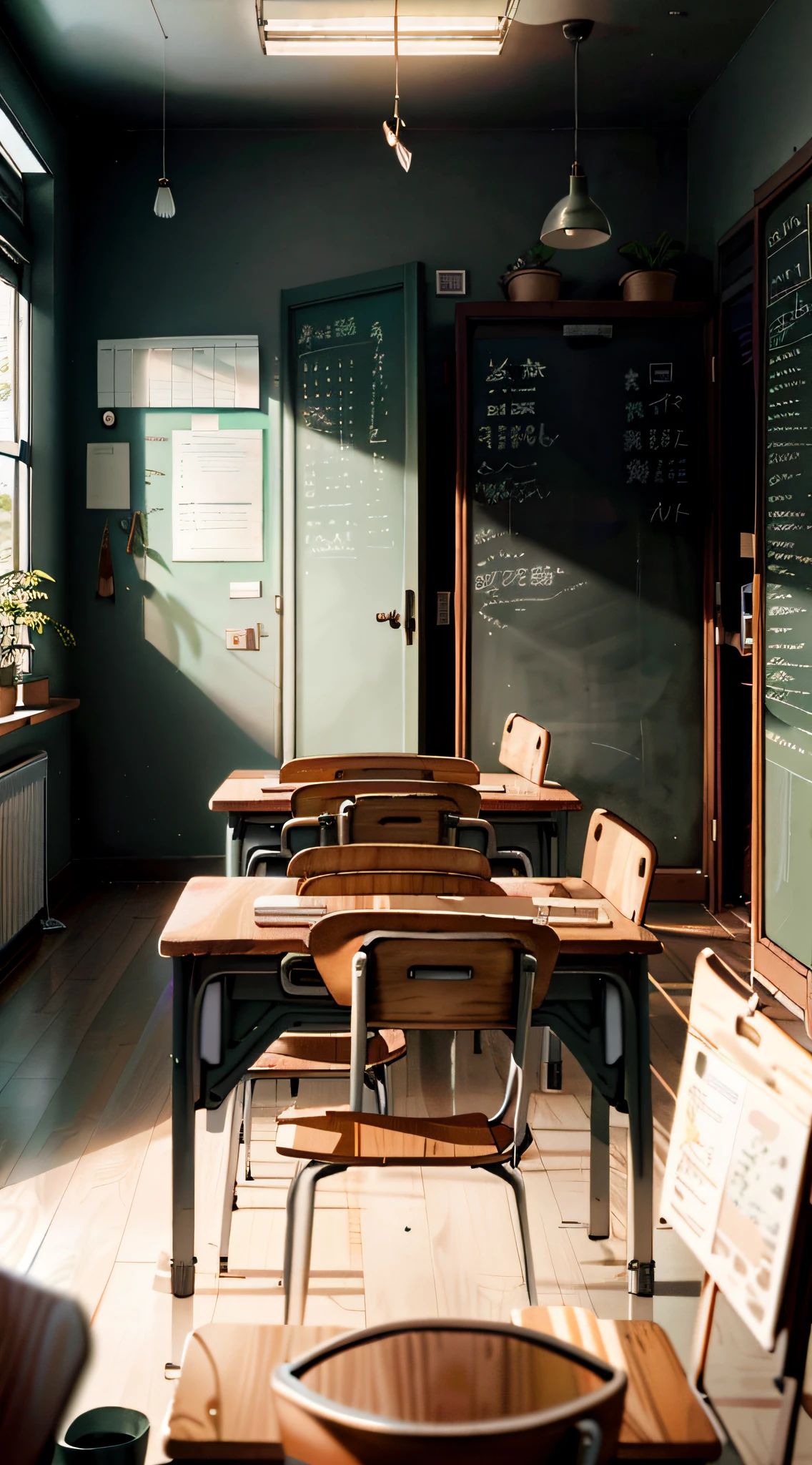 Classroom aesthetics,Blackboard wooden table,Academy of Light,background inside dark,natural soft light,cute-style,Classroom School,Spacious and bright,Rich details of the desk。