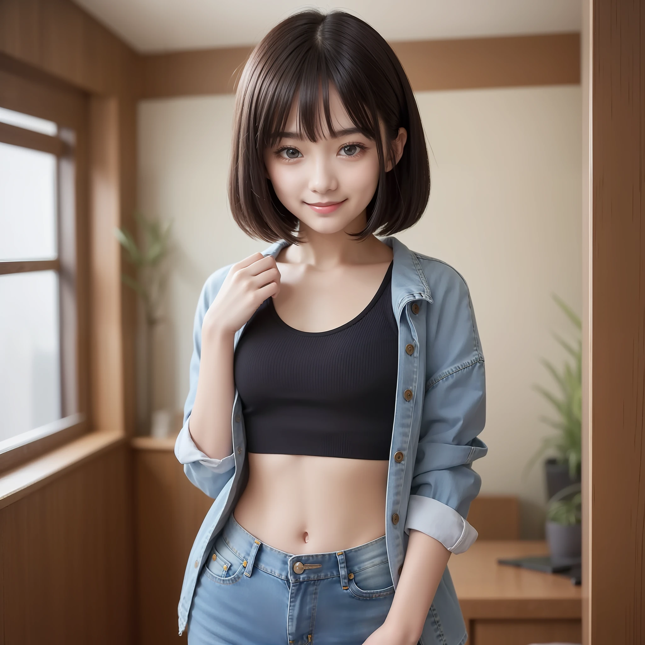 With the best image quality、Teenage girl standing in room。Black Hair Bob Hair、Cute smile.。(tiny chest)、Denim Good、Denim panties