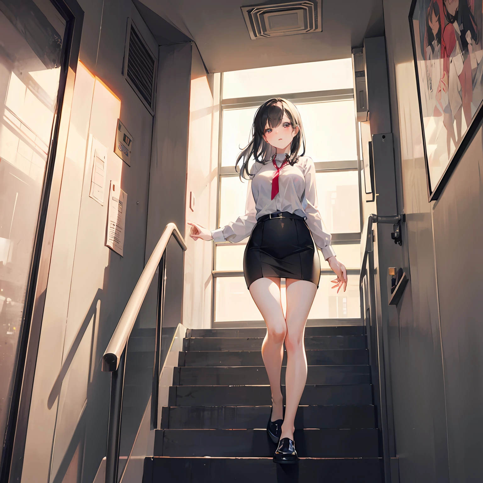 In the stairwell of the office building stands a beautiful woman