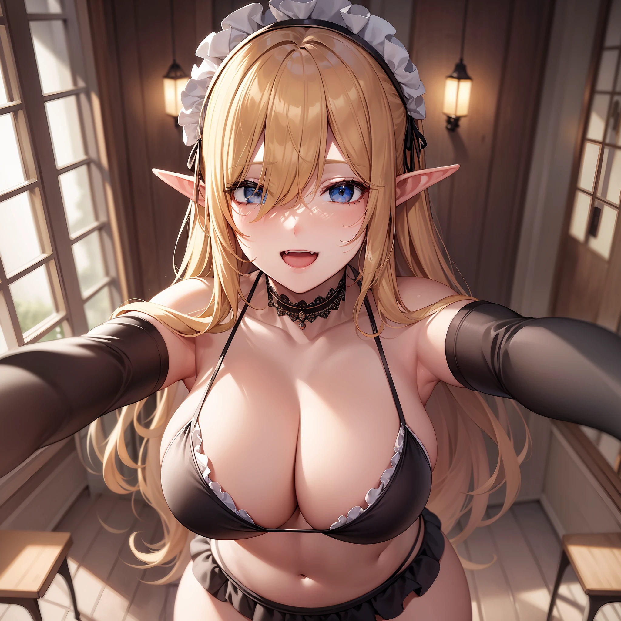 masterpiece, best quality, finely detailed, high resolution, extremely delicate and beautiful, 2girl, huge breasts, thickthighs, black choker, blonde hair, hair over one eye, elf. indoor, maid bikini, maid headdress, :d, standing, over-kneehighs, from above, pov, outstretched arms, reaching towards viewer, twins,