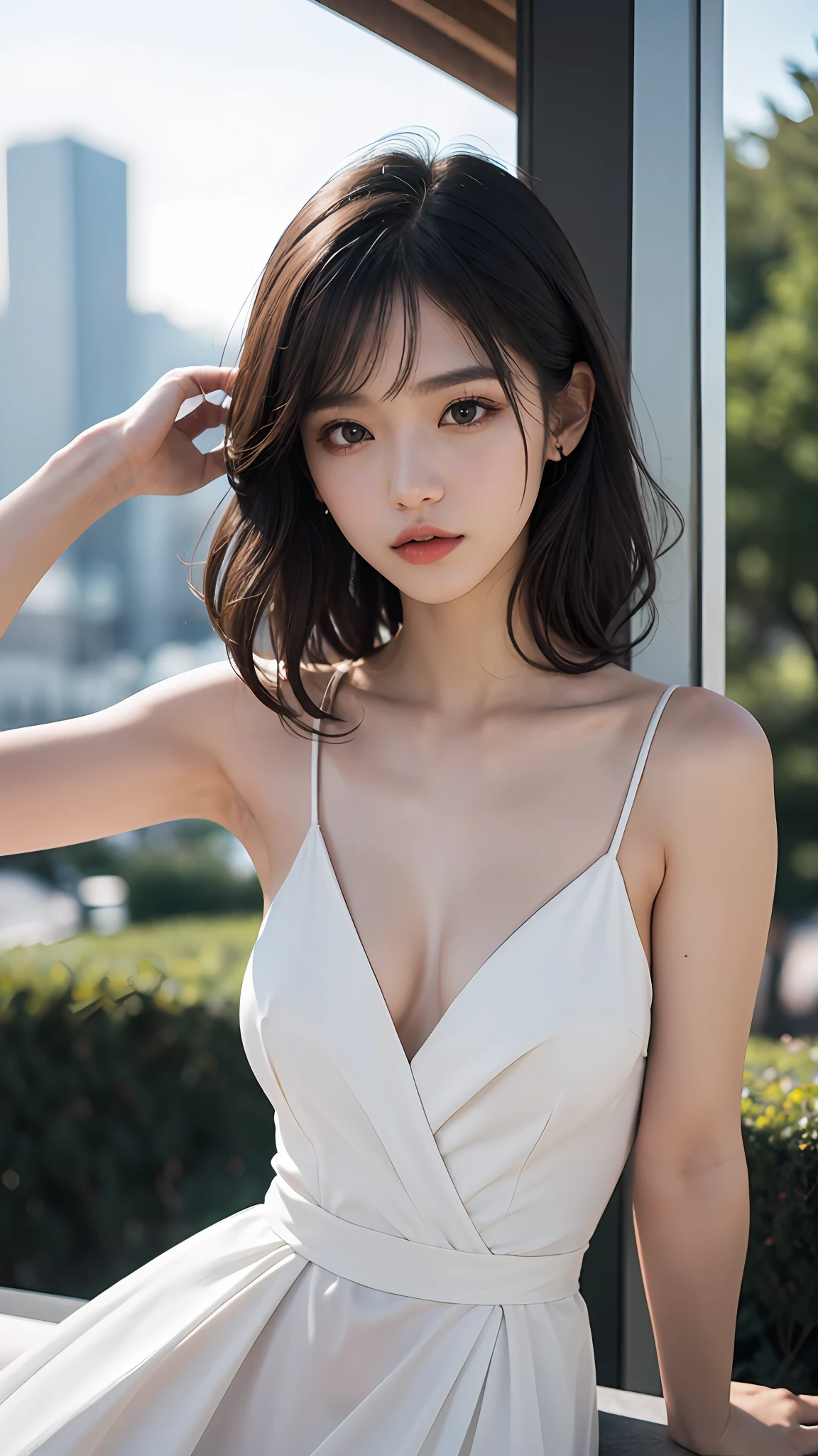 Best quality, masterpiece, ultra high res, photorealistic, (full shot:1.5), (1 girl), luxury dress, sharp focus, great body, random pose reference, monolid eyes, high bridged pointed nose, v-shaped face, pale skin, bokeh