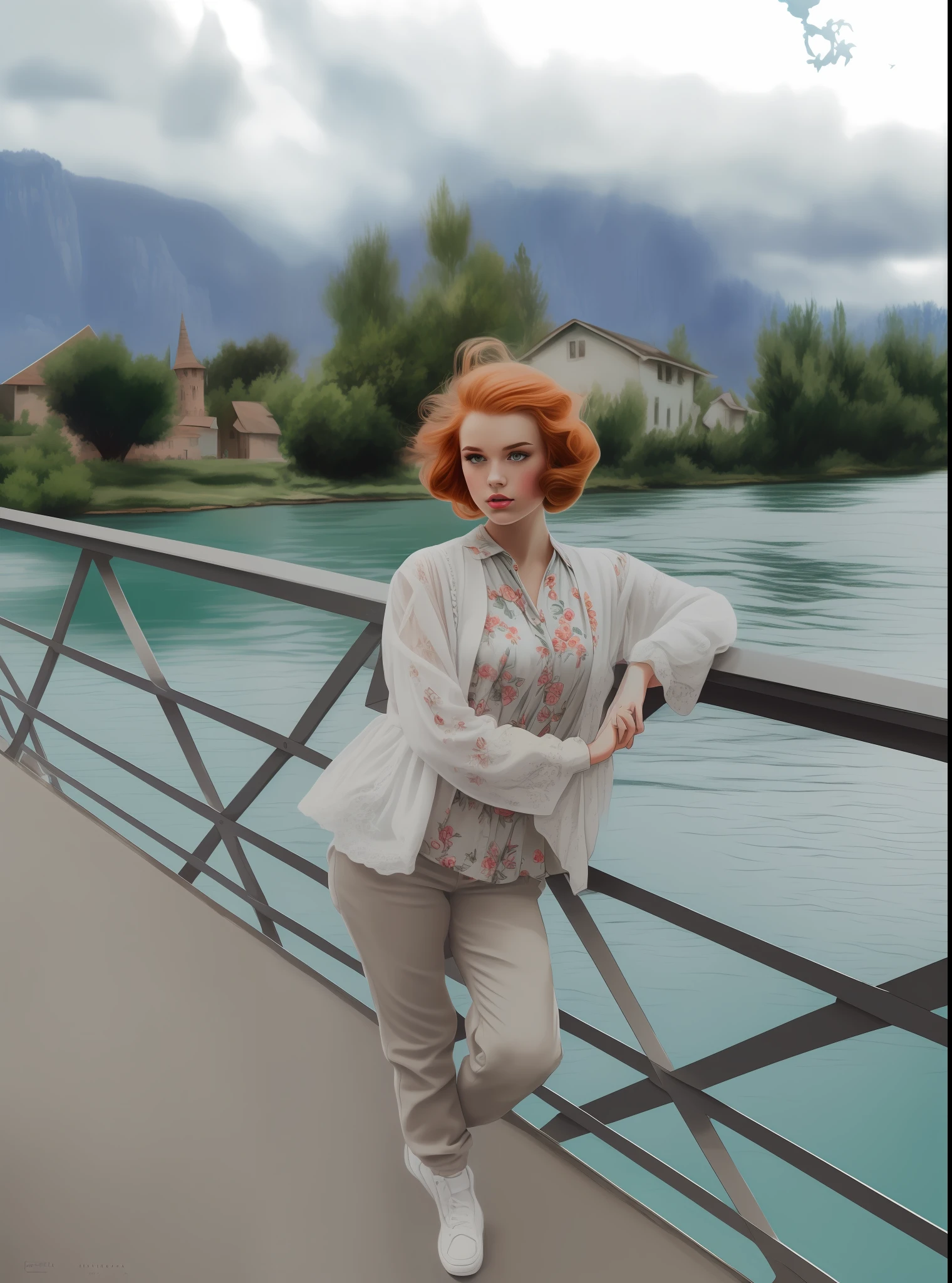 (((Lots of color filters+Vintage effect:1.2+retro style)), hiquality, Detailed drawing, Impressive illustration, beautifull details), Dynamic composition, Bright colors, Magical atmosphere, mysterious aura, Mysterious light, Girl in stylish clothes, Bright make-up, (redhead hair), Fantastic backstory, magnificent details, Dreams and inspiration.
